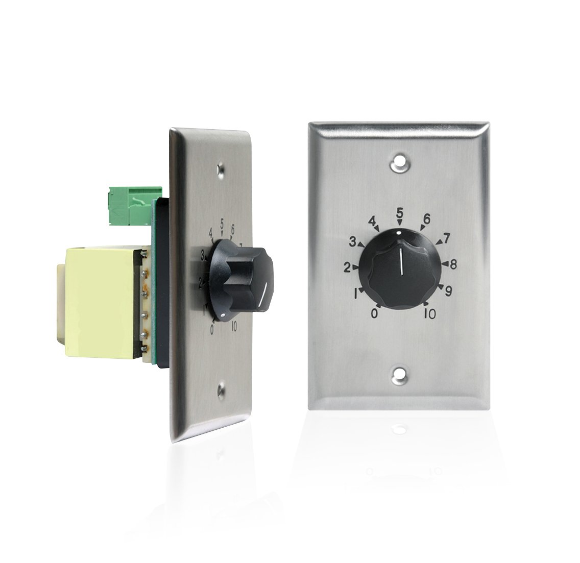 Atlas Sound AT Series 100W 25/70V Commercial Audio Attenuators - 2-Pack Stainless Steel Contractor Bundle for Background Music & PA Systems in Restaurants, Schools & Office Buildings