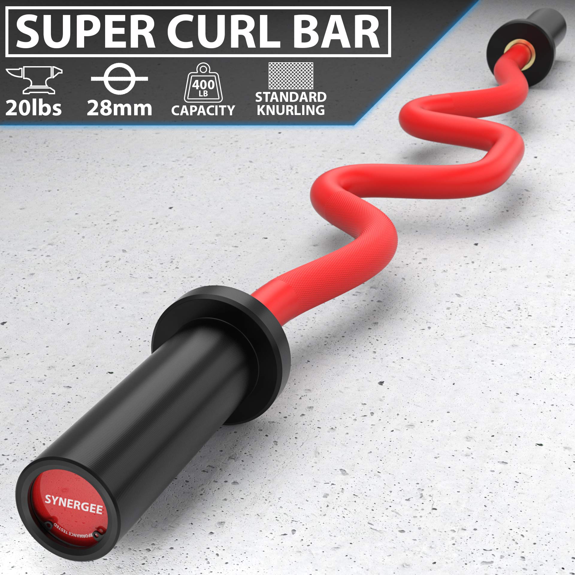 Synergee Olympic EZ Curl Bar - Chrome, Black Phosphate & Red Powder Coated with Brass Bushings - Perfect for Bicep Curls, Triceps Extensions & Home Gym Workouts