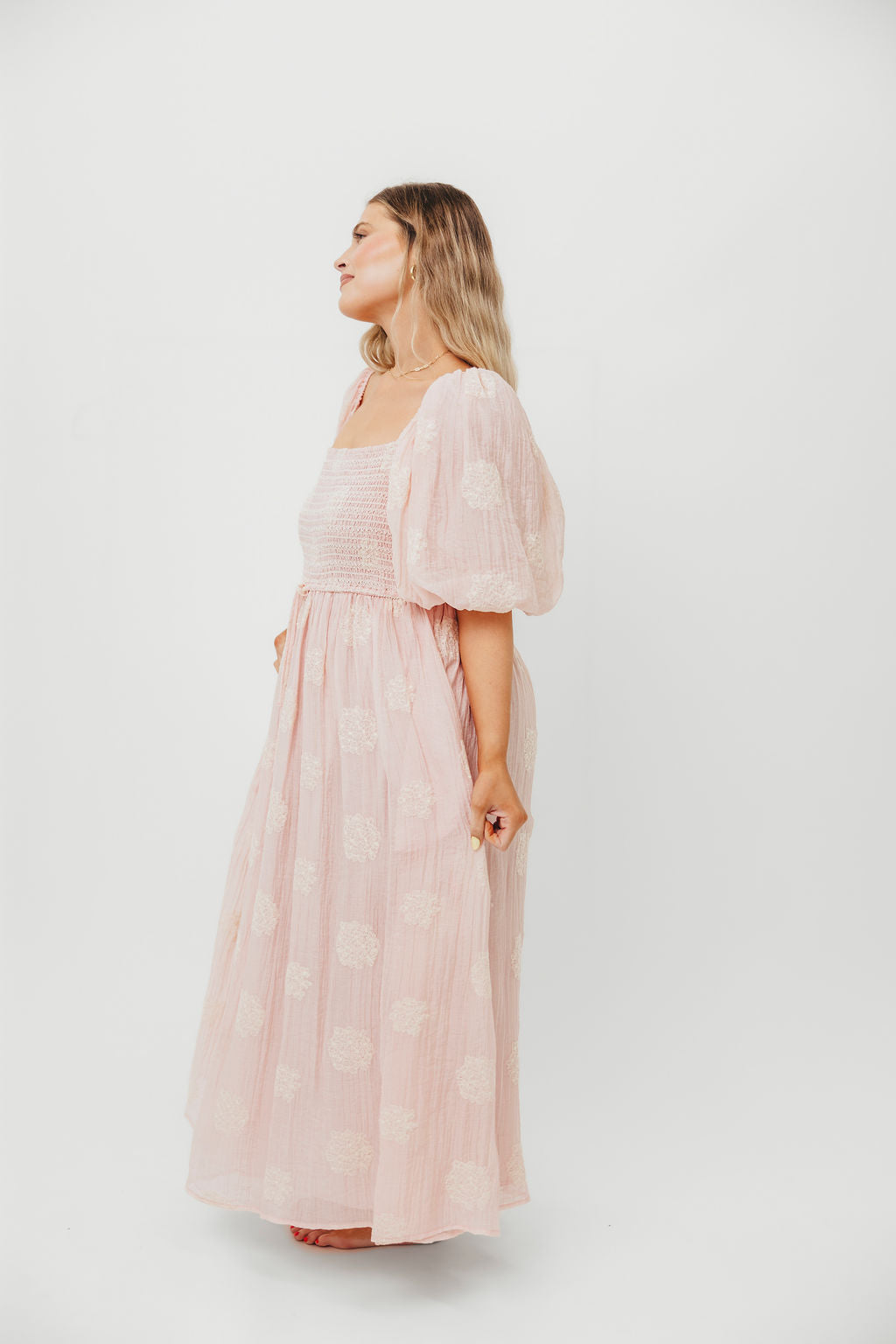 Aimee Women's Smocked Embroidered Floral Midi Dress in Blush Pink - Perfect for Summer Weddings, Garden Parties & Date Nights