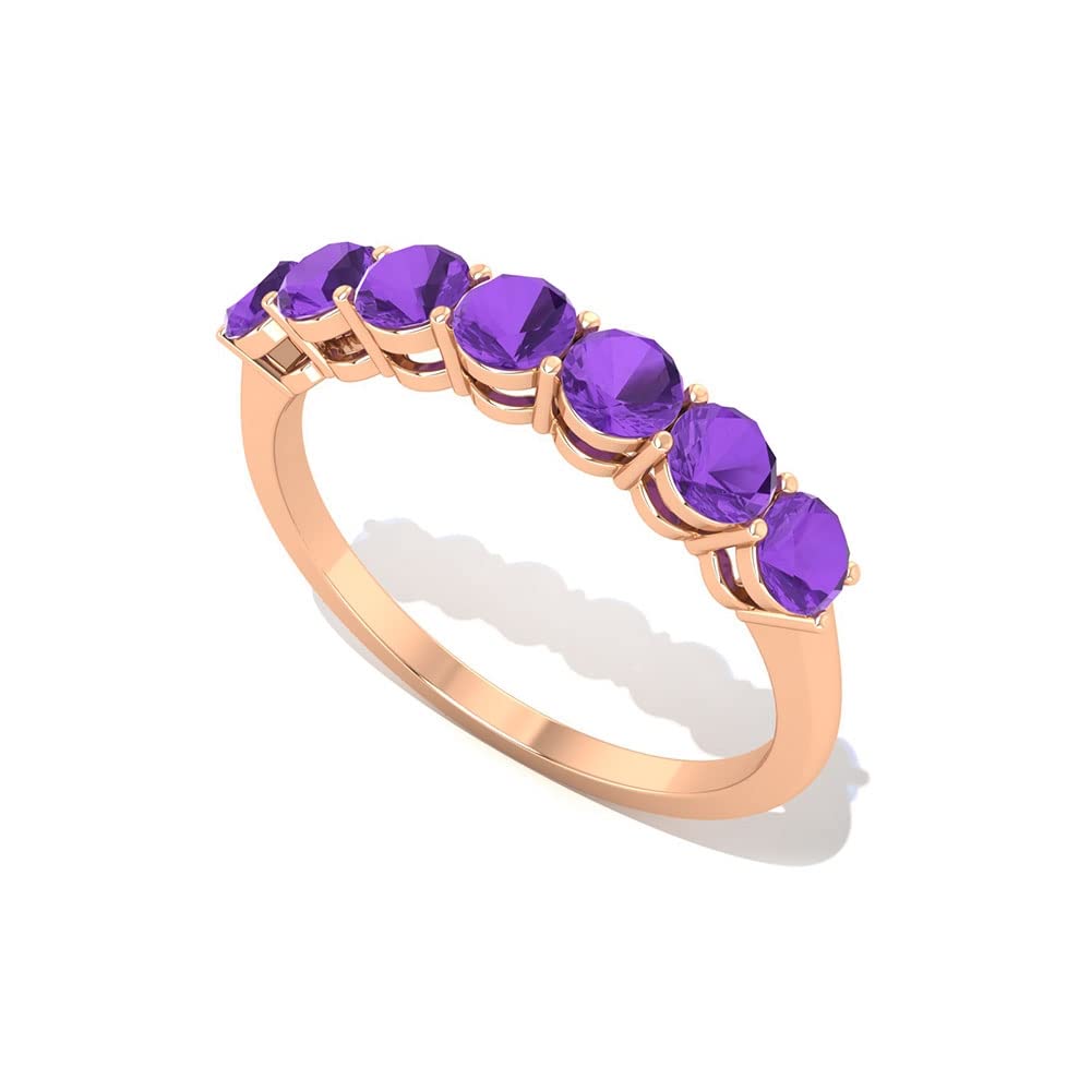 3/4 CT Natural Amethyst Ring for Women - 14K Solid Gold Violet Amethyst Seven Stone Ring, February Birthstone Jewelry, Minimalist Dainty Gold Ring for Everyday Wear & Special Occasions