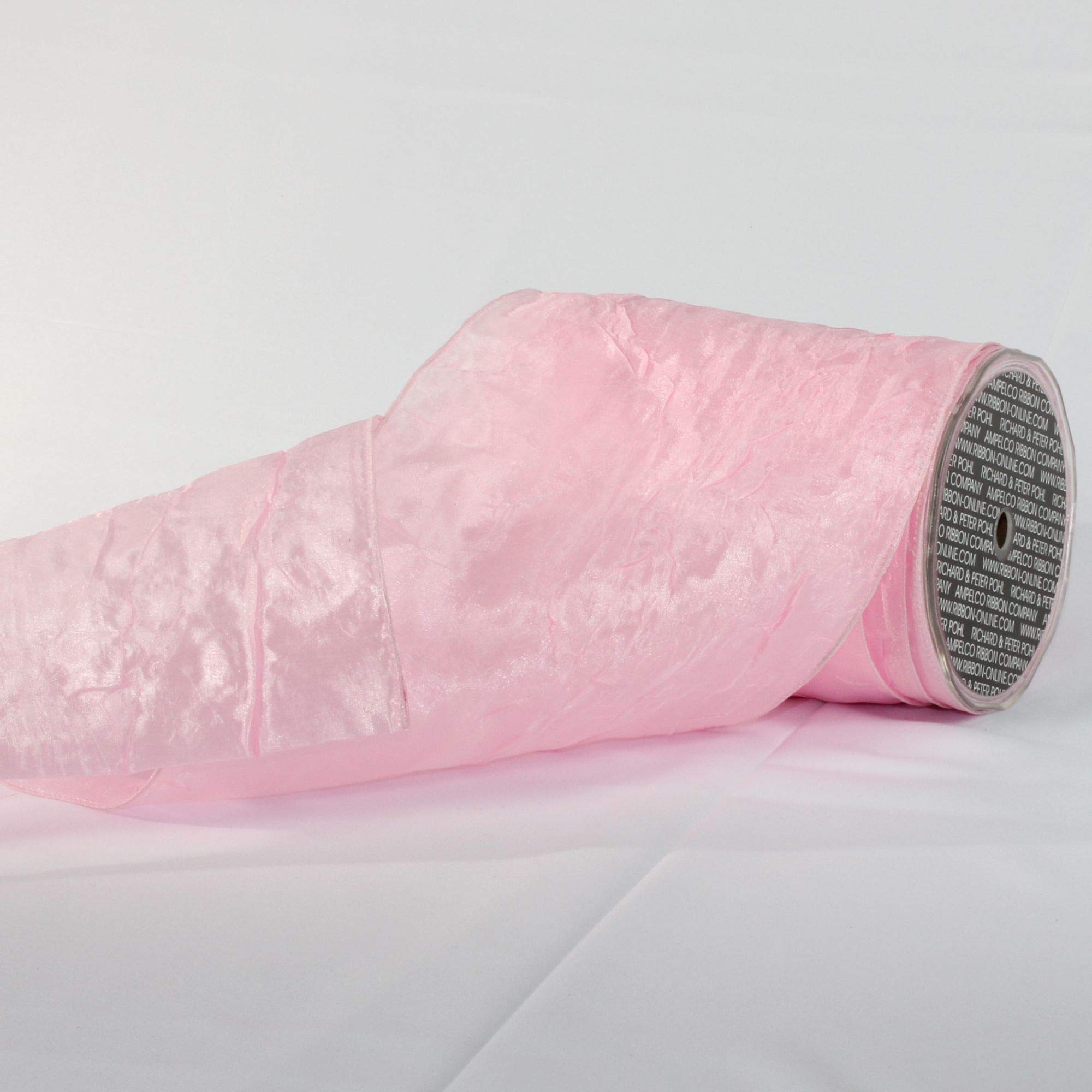 Pink Crinkled Satin Silk Wired Craft Ribbon - 6 Inch x 27 Yards Bulk Spool for Gift Wrapping, Floral Arrangements, DIY Wedding Decorations & Party Favors