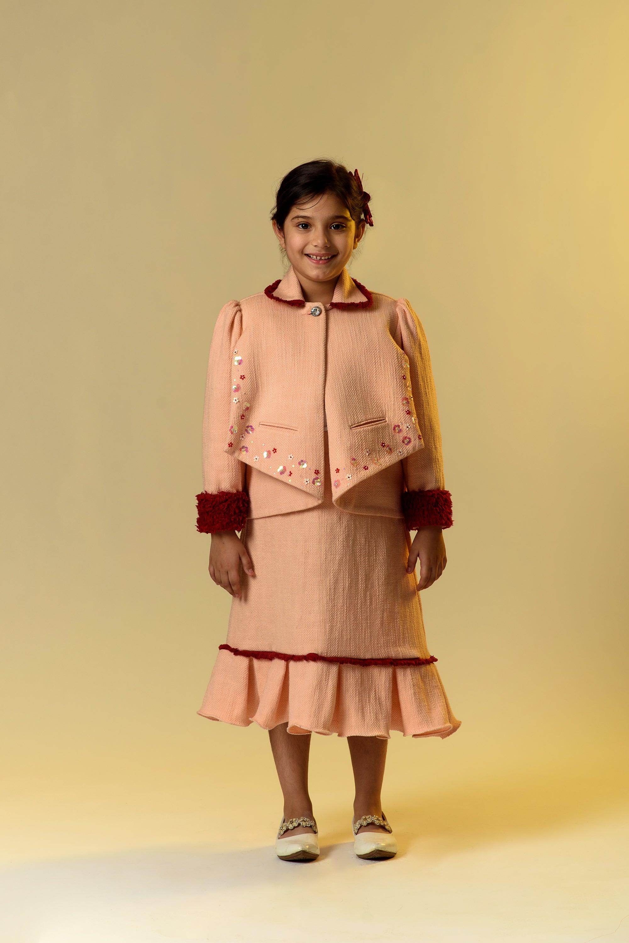 Rosehip Radiance Embroidered Blazer & Skirt Set for Girls | Elegant 2-Piece Outfit for School, Parties & Special Occasions