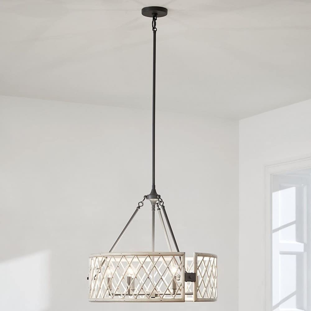 6-Light Country Rustic Wood Lattice Drum Shade Chandelier - Farmhouse Ceiling Light Fixture for Dining Room, Kitchen, Living Room & Bedroom