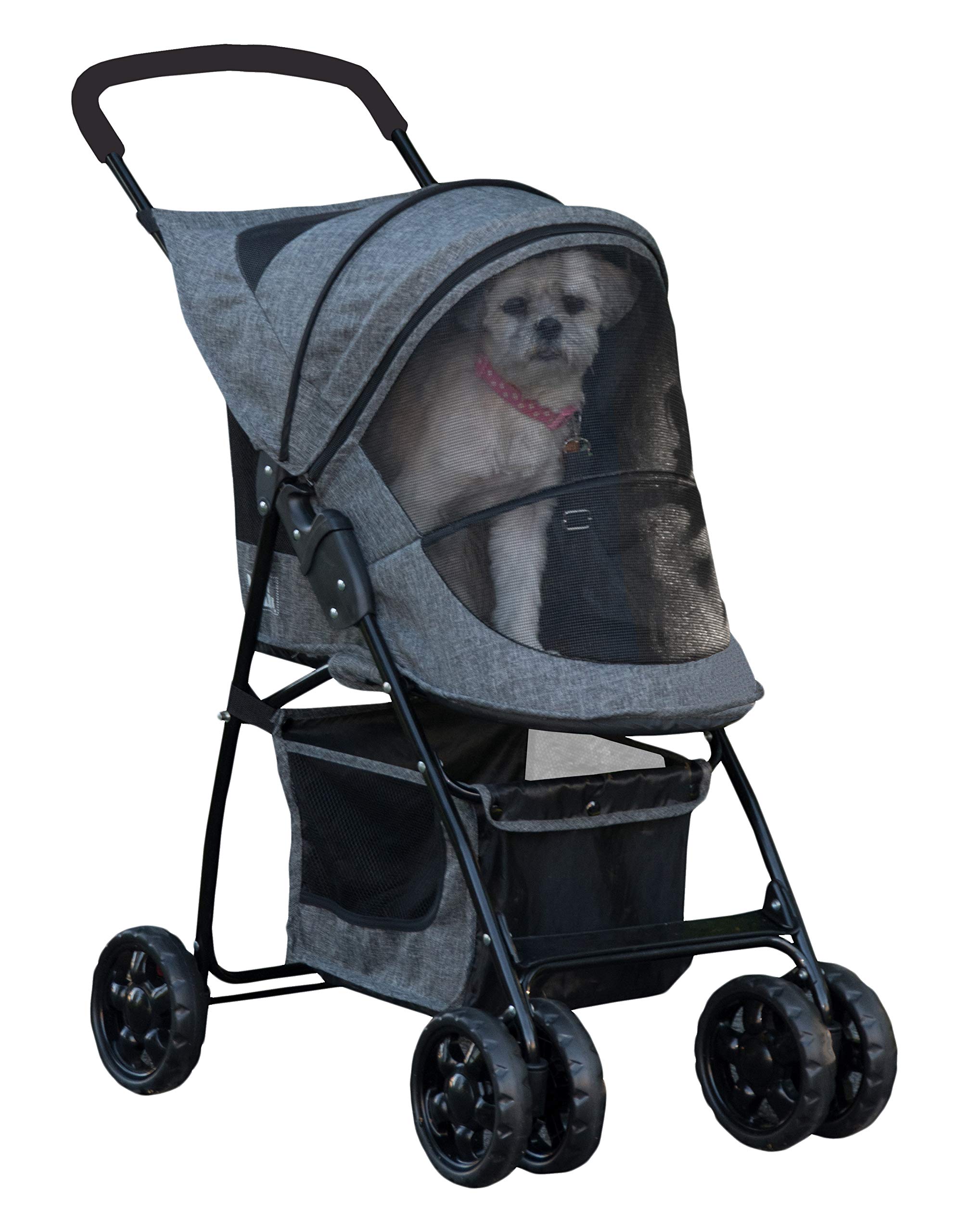Pet Gear Happy Trails Lite Pet Stroller for Small Dogs & Cats - Foldable Design with Zipper Entry, Removable Washable Liner, Safety Tether & Storage Basket - Perfect for Walks, Vet Visits & Outdoor Adventures