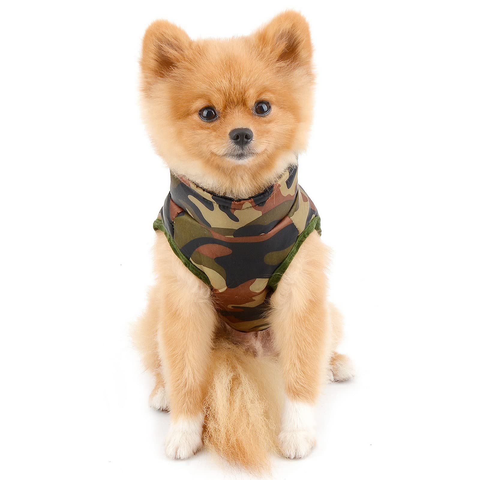 Waterproof Windproof Camouflage Dog Winter Puffer Coat with Leash D-Ring - Warm Puppy Jacket Harness & Soft Padded Vest for Small Dogs & Large Cats - Army Green Pet Snowsuit for Cold Weather Outdoor Adventures