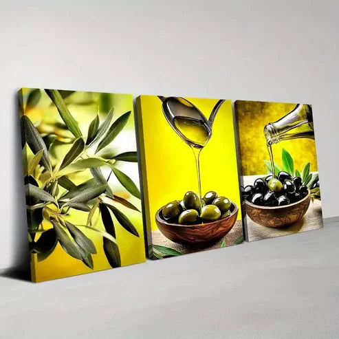 3-Piece Abstract Olive Oil & Greenery Wall Art Set - Framed Canvas 60x90cm - High Quality Print - 100% Australian Made - Ready to Hang - Perfect for Kitchen, Dining Room & Farmhouse Decor