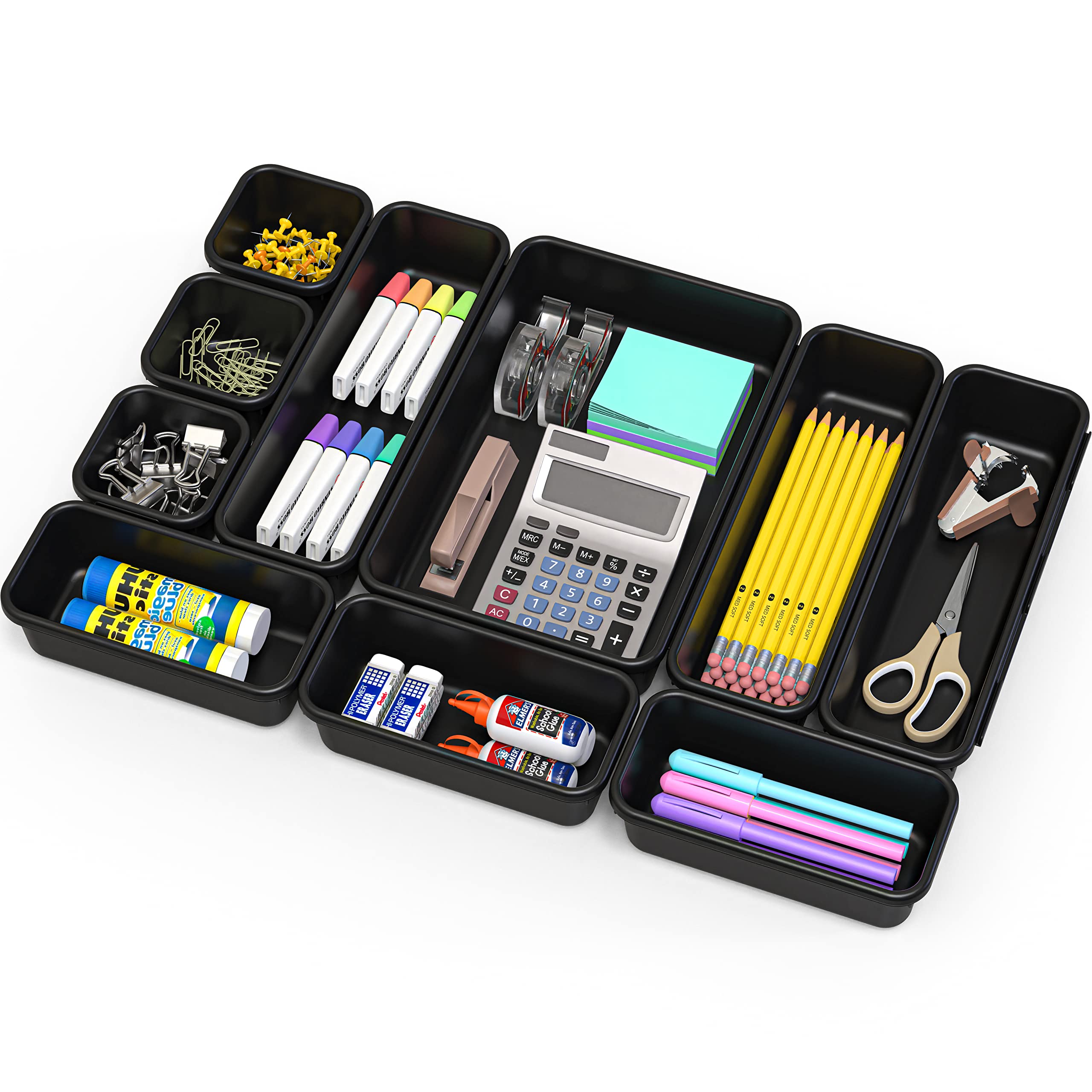 Interlocking Desk Drawer Organizer Bins - 10 Pack Black | Stackable Storage Containers for Office, Kitchen, Bathroom & Closet Organization