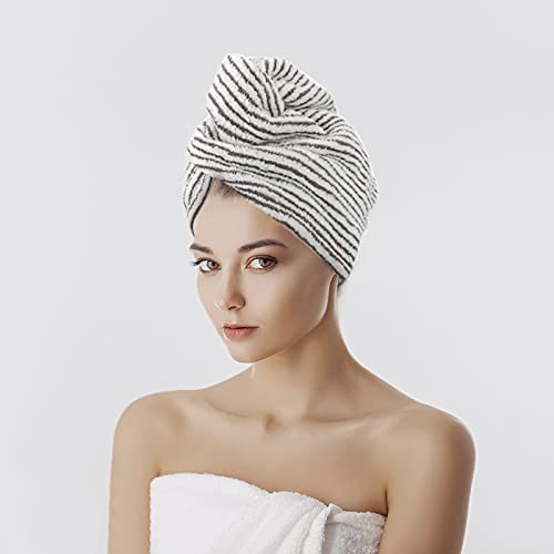 Super Soft Microfiber Hair Towel Wrap - Anti-Frizz Quick Dry Hair Turban with Button Closure | Ultra Absorbent Salon Hair Drying Hat for Women & Girls (Striped) | Perfect for Post-Shower, Styling & Travel