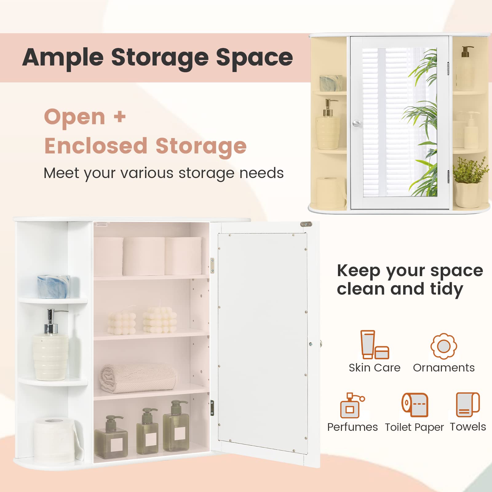 ARLIME Wall Mounted Bathroom Mirror Medicine Cabinet with 4 Adjustable Shelves & 6 Open Racks - White Wooden Storage Organizer for Bathroom, Bedroom & Entryway - Space Saving Hanging Cabinet for Toiletries, Cosmetics & Home Essentials