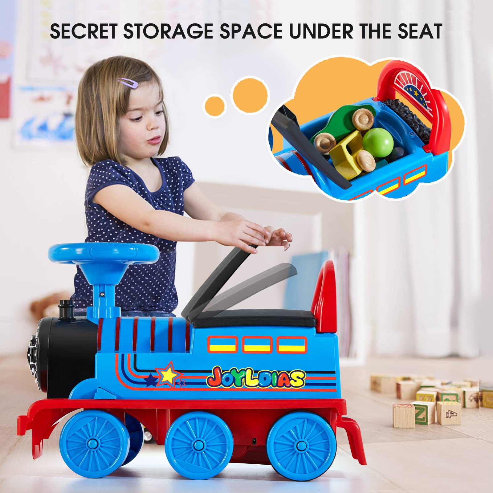 JOYLDIAS 6V Electric Ride On Train Toy for Kids - 16pcs Curved Tracks, LED Lights & Horn, Storage Basket, Retractable Foot Pedals - Best Gift for Toddlers Under 39 Inches (Blue) | Perfect for Indoor Playrooms & Backyard Fun