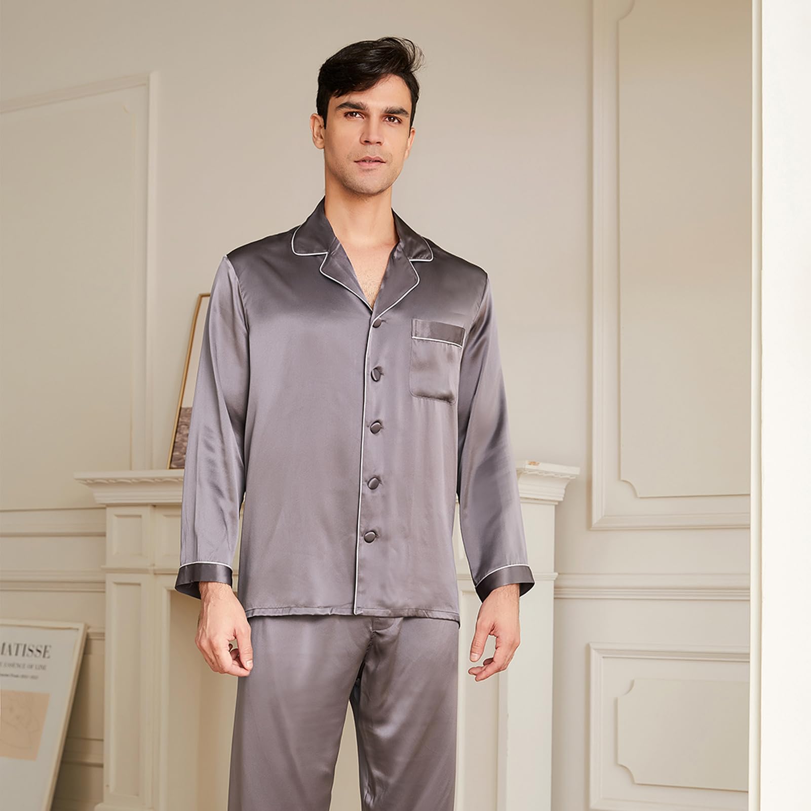 Luxury 19 Momme Mulberry Silk Pajama Set for Men - 2 Piece Long Sleeve Silk Pajamas, Lightweight & Breathable Sleepwear - Perfect for Relaxation, Lounging & Gift Giving