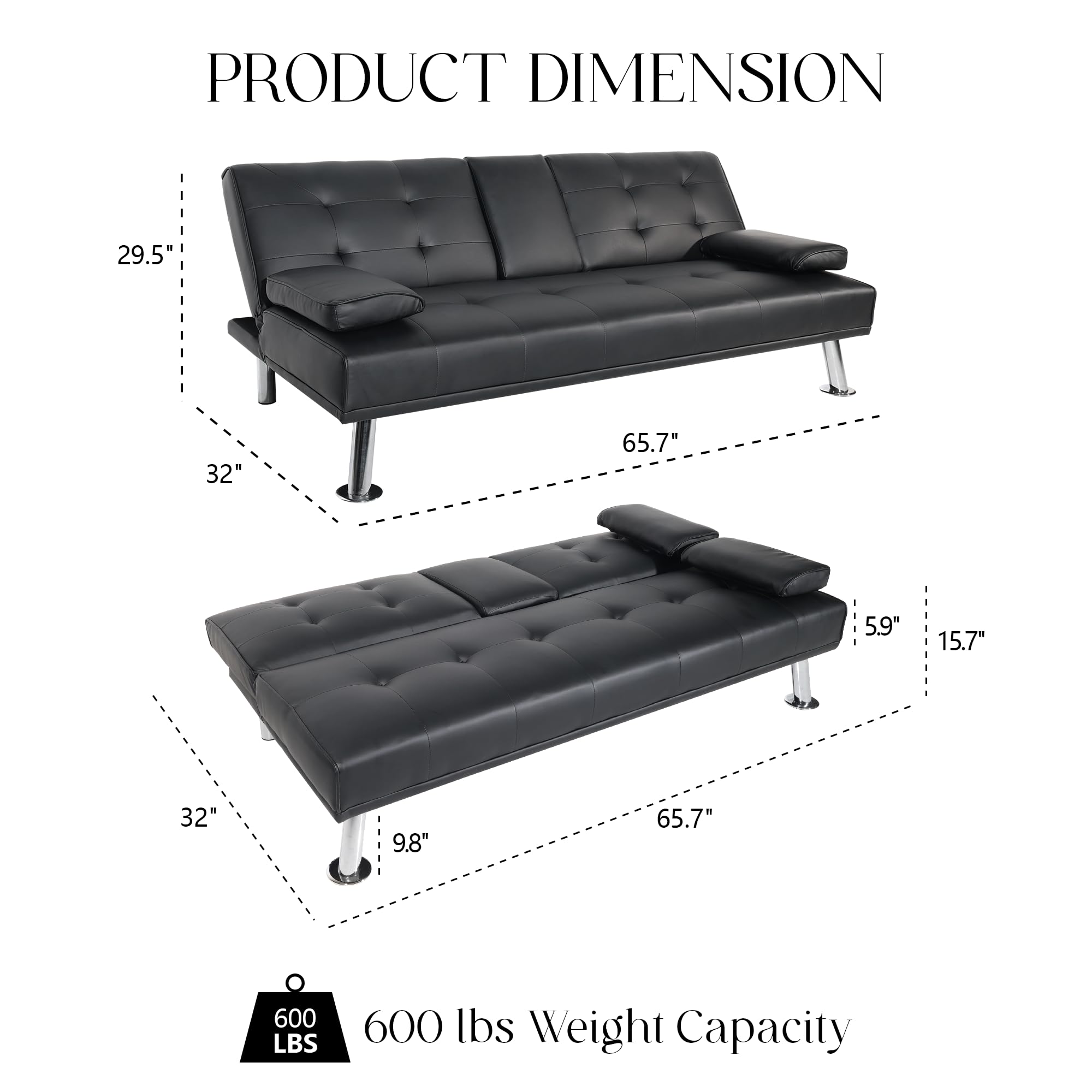 Yoyomax Modern Faux Leather Convertible Futon Sofa Bed with 2 Cup Holders & Pillows - Foldable Sleeper Couch for Small Spaces, Dorm Rooms, RVs, Home Offices - Perfect for Compact Living & Guest Sleeping (Black)