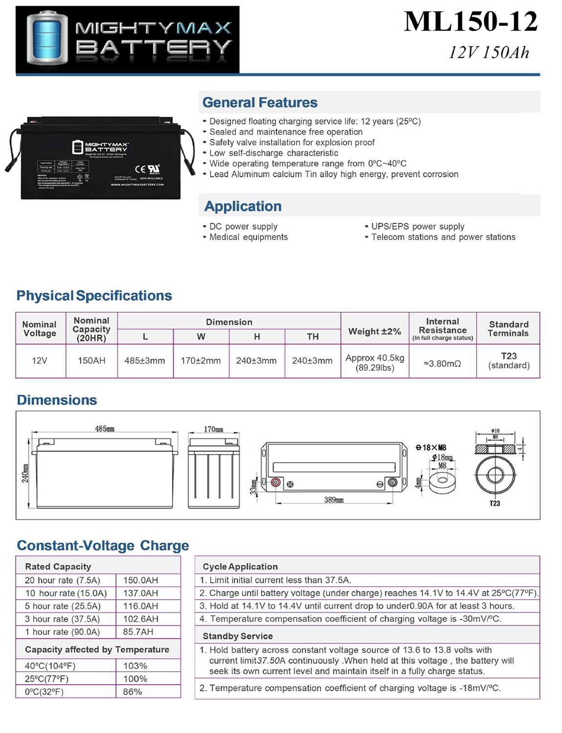 Mighty Max 12V 150AH SLA Deep Cycle Battery - Replacement for UPS, Solar Storage & Backup Power Systems - Ideal for Home Energy Storage, RV, Marine & Off-Grid Applications