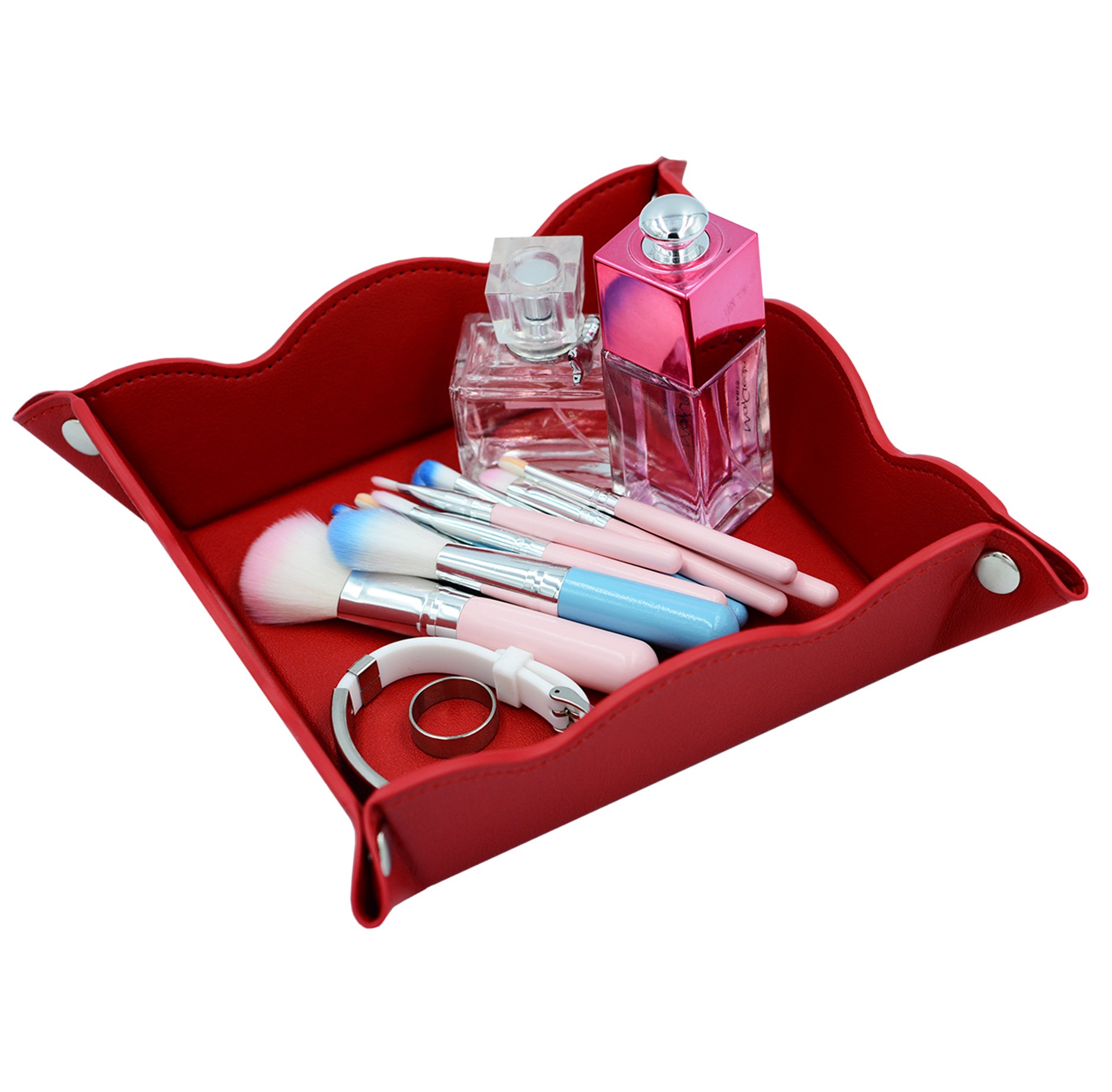 Premium Leather Valet Tray - Jewelry & Cosmetics Organizer with Multifunctional Storage Compartments (Bright Red) | Perfect for Dresser Top, Nightstand, Bathroom Counter & Travel Accessories Organization