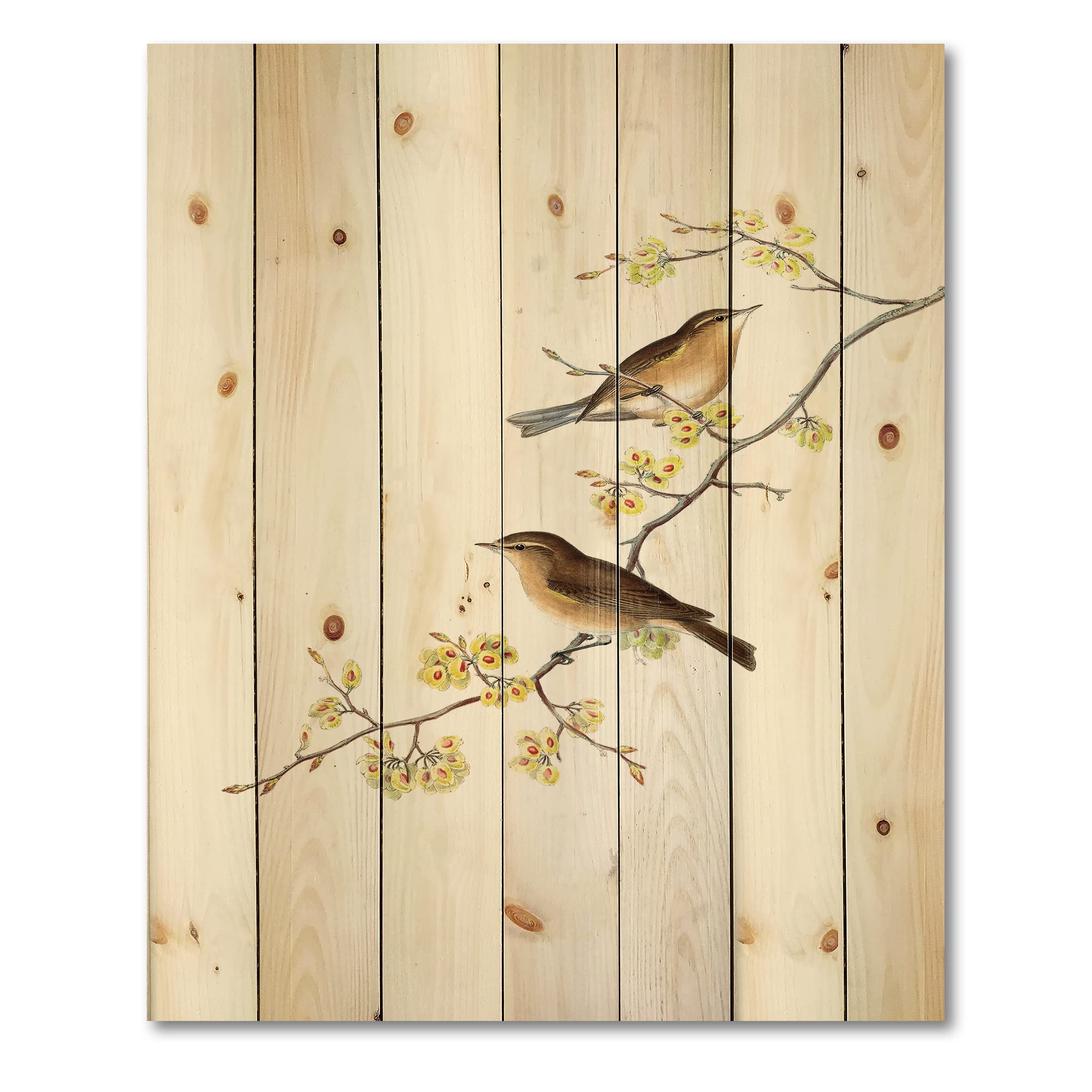 DesignQ Little Birds on Tree Branches II - Traditional Yellow Wood Wall Art Decor, Large Animal Wood Wall Panels Printed on Natural Pine - Perfect for Living Room, Bedroom & Nursery Decor