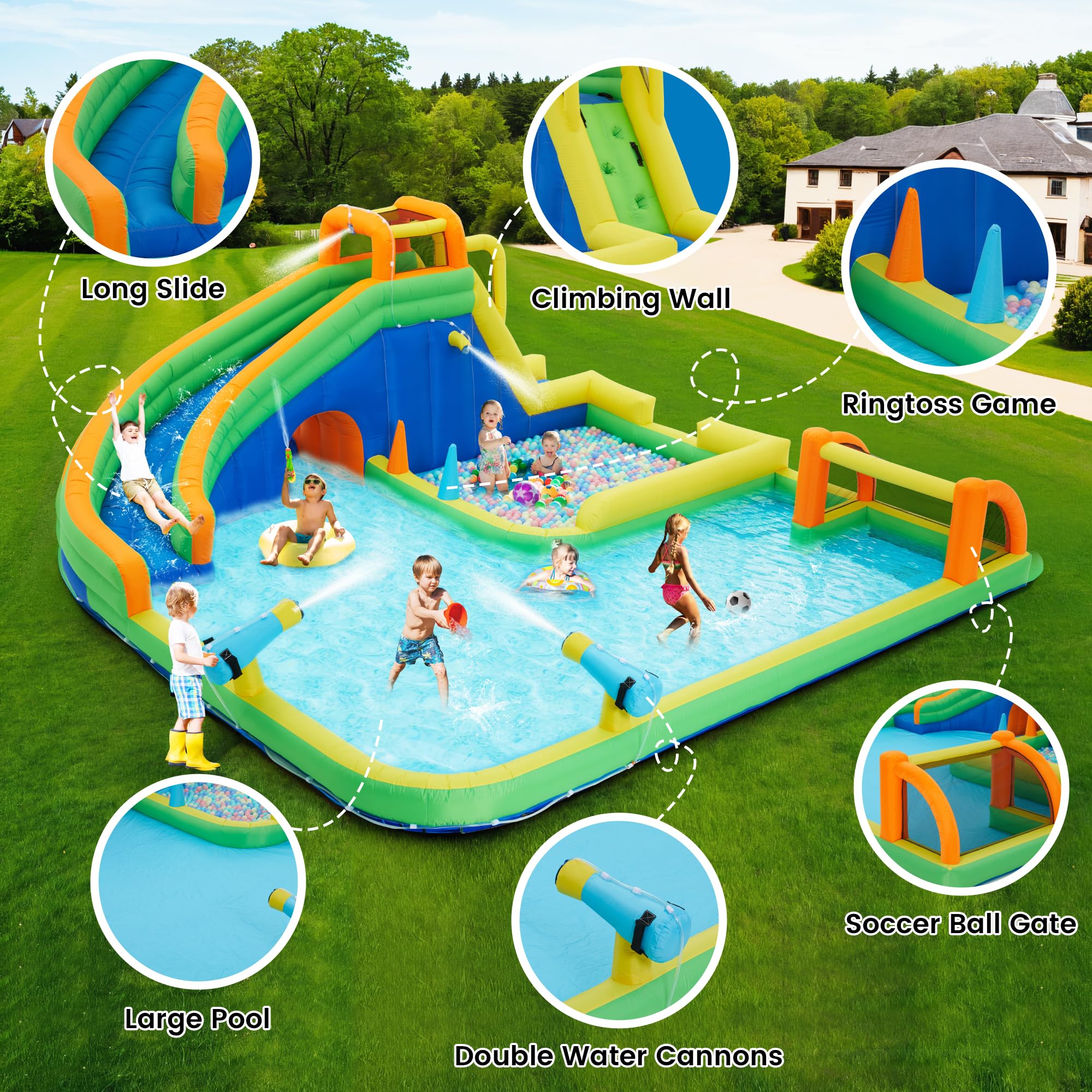 Best Inflatable Water Slide Park with Water Soccer & Dual Water Cannons - Giant Splash Pool for Outdoor Kids Play - Easy Setup & Includes Blower - Perfect for Backyard Parties, Summer Fun & Family Gatherings