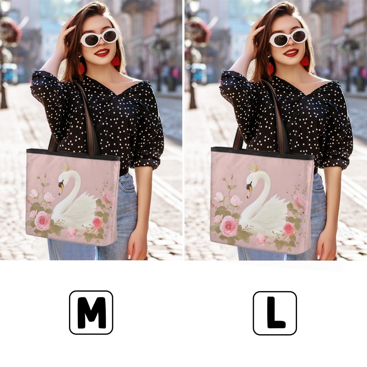 Elegant Swan Roses Floral Tote Bag for Women - Zippered Work & Travel Handbag - Perfect for Office, Commute, and Weekend Getaways