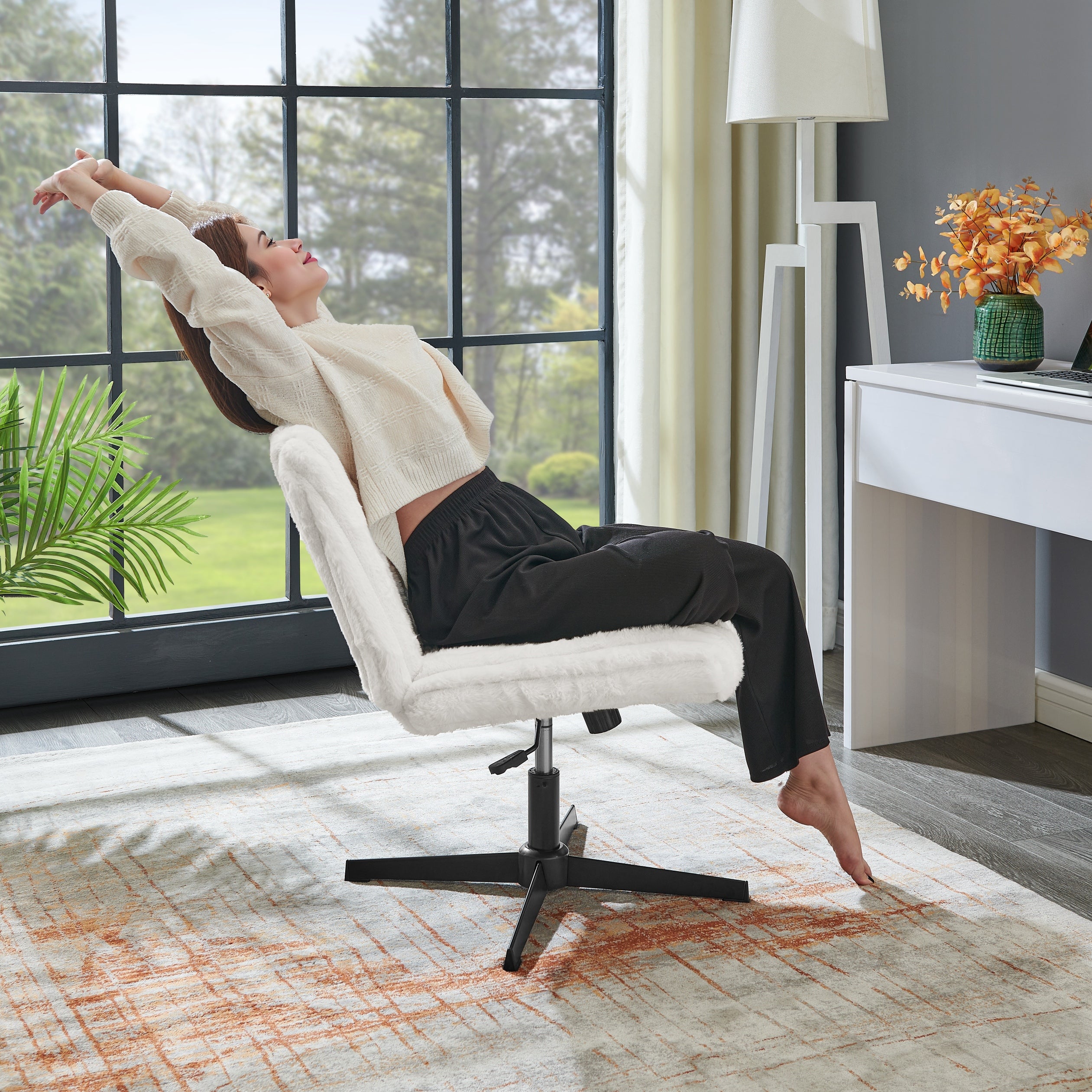 Roundhill Blynn Adjustable Swivel Criss Cross Chair - Wide Seat Ergonomic Office Chair with Lumbar Support, Vanity Makeup Chair for Home & Office Workspace, Study Desk, Dressing Table and Beauty Salon