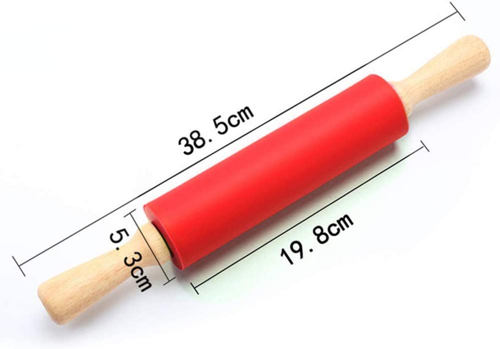Non-Stick Silicone Rolling Pin with Wooden Handle - Perfect for Baking Pizza Dough, Embossing Cookies & Pastry Making | Smooth Kitchen Utensil for Bakers | Ideal Gift for Home Chefs & Baking Enthusiasts (Red)