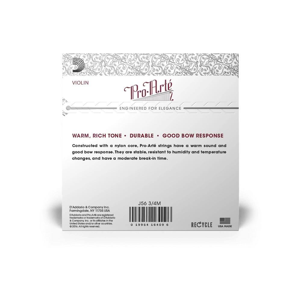 D'Addario J56 Pro Arte Violin Strings Set - Ball End Construction, 3/4 Size, Medium Tension - Perfect for Classical & Professional Violin Players