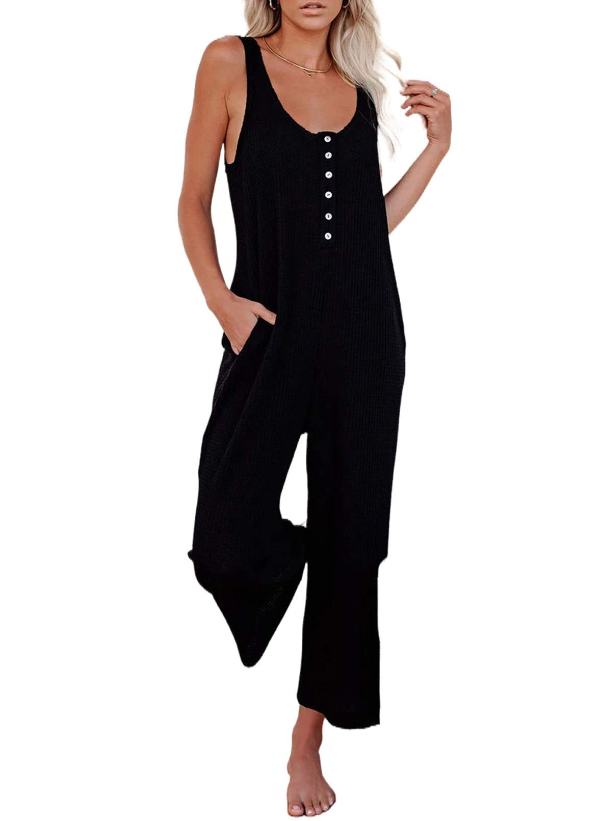 Happy Sailed Women's Casual Sleeveless Button-Down Jumpsuit - Stretchy Loose Romper with Pockets & Long Pants | Perfect for Summer Outfits, Beach Wear & Casual Street Style