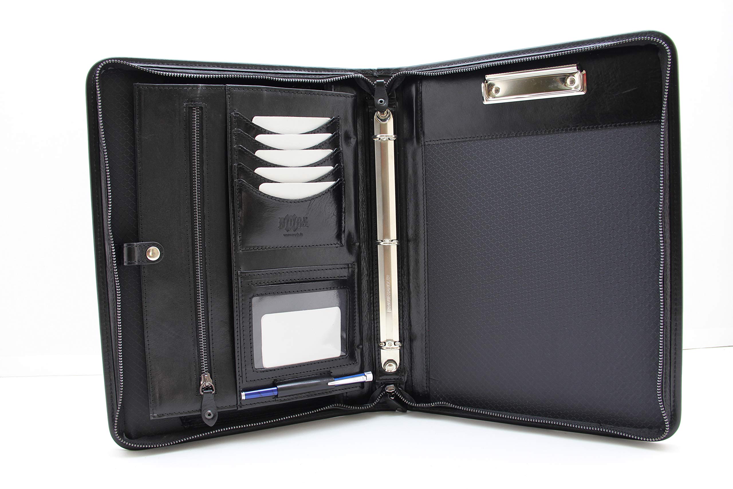 Genuine Italian Leather 3-Ring Binder Portfolio with Zipper - Professional Business Organizer for Men & Women - Letter Size Notebook Holder with Clipboard - Perfect for Office, School & Business Meetings (Black)