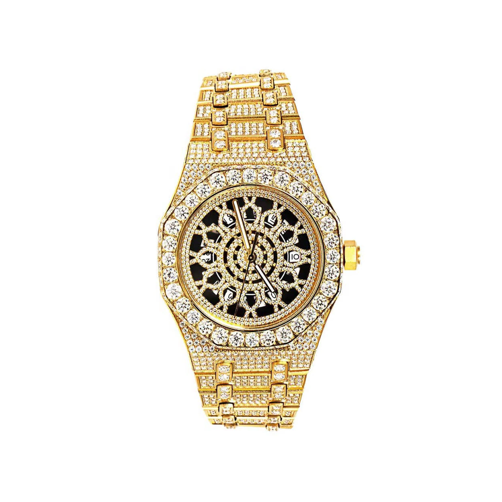 Luxury Yellow Tone Skeleton Dial Stainless Steel Moissanite Watch for Men - Perfect for Formal Events, Business Meetings & Special Occasions