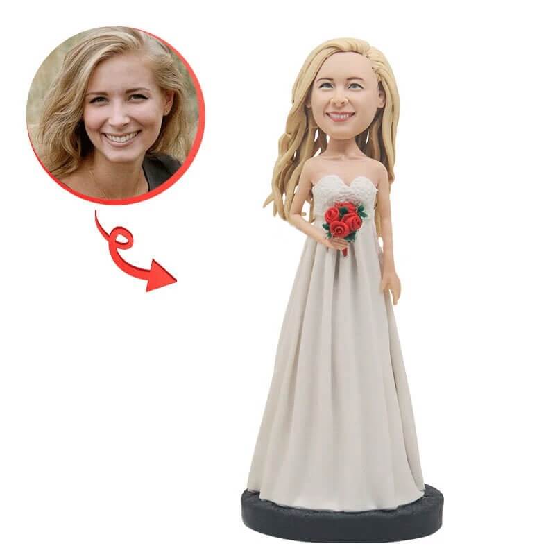Custom Red Flowers Wedding Bobblehead - Personalized Couple Figurine for Wedding Cake Topper, Anniversary Gift & Home Decor