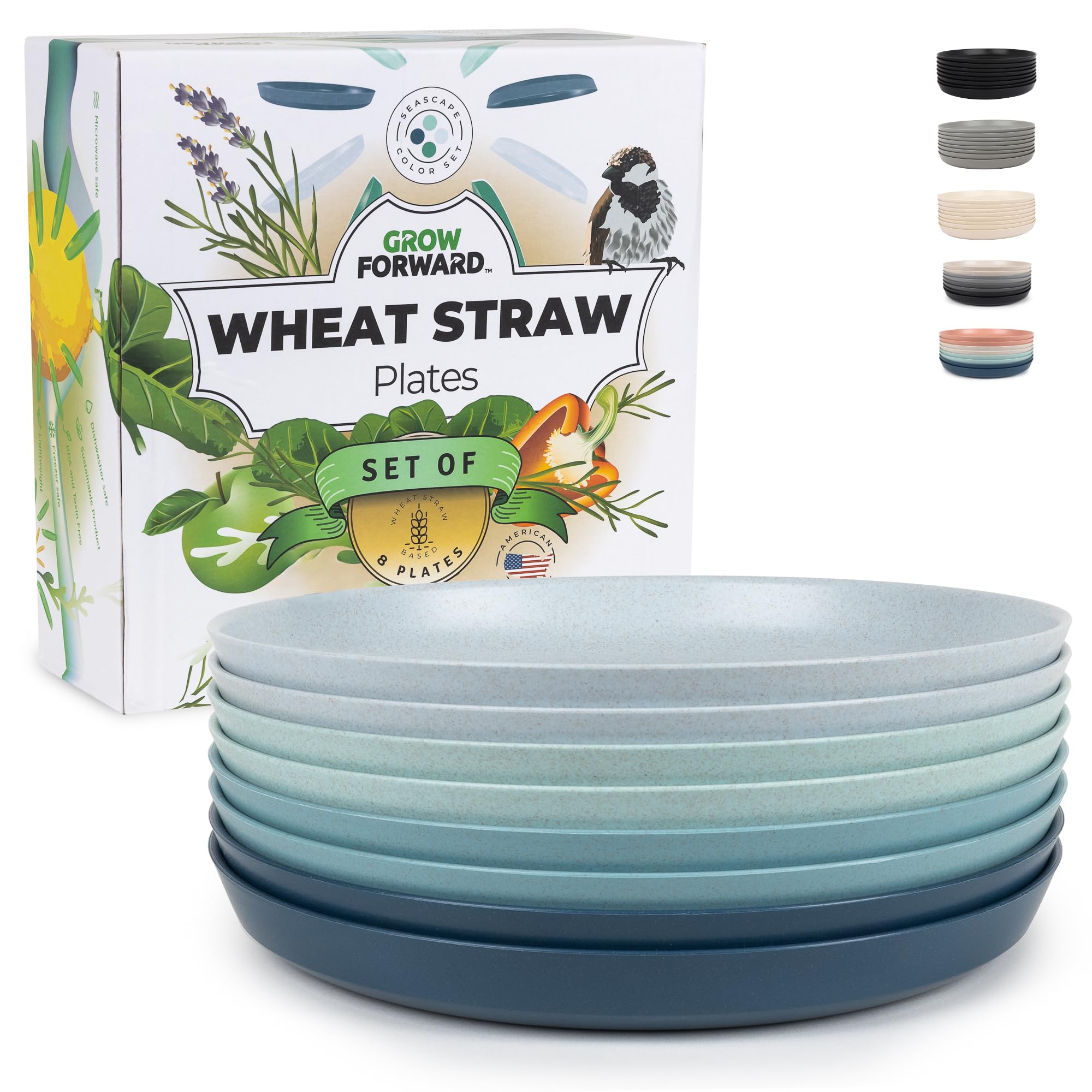 Premium Wheat Straw Plates Set of 8 - 10 Inch Unbreakable Reusable Dinner Plates - Microwave Safe & Eco-Friendly Hard Plastic Plates for Camping, RV, Outdoor Dining, Picnics, Parties & Everyday Kitchen Use - Seascape Design
