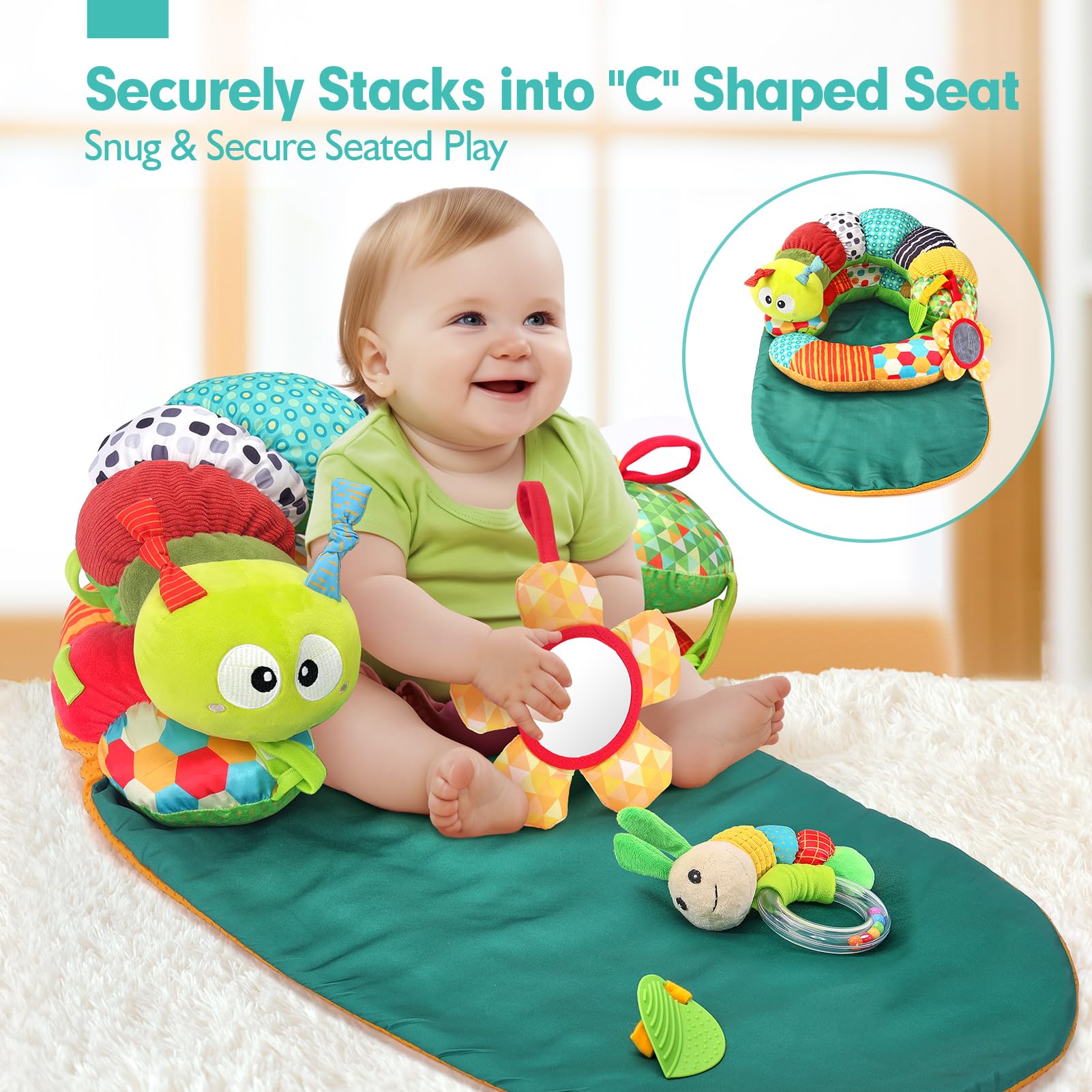 3-in-1 Caterpillar Baby Activity Playmat - Tummy Time & Seated Support Toy for Newborns 0-6 Months | Sensory Developmental Toys for Infants | Perfect Baby Shower Gift & Birthday Present for Boys & Girls | Great for Nursery Playtime & Early Learning Activities