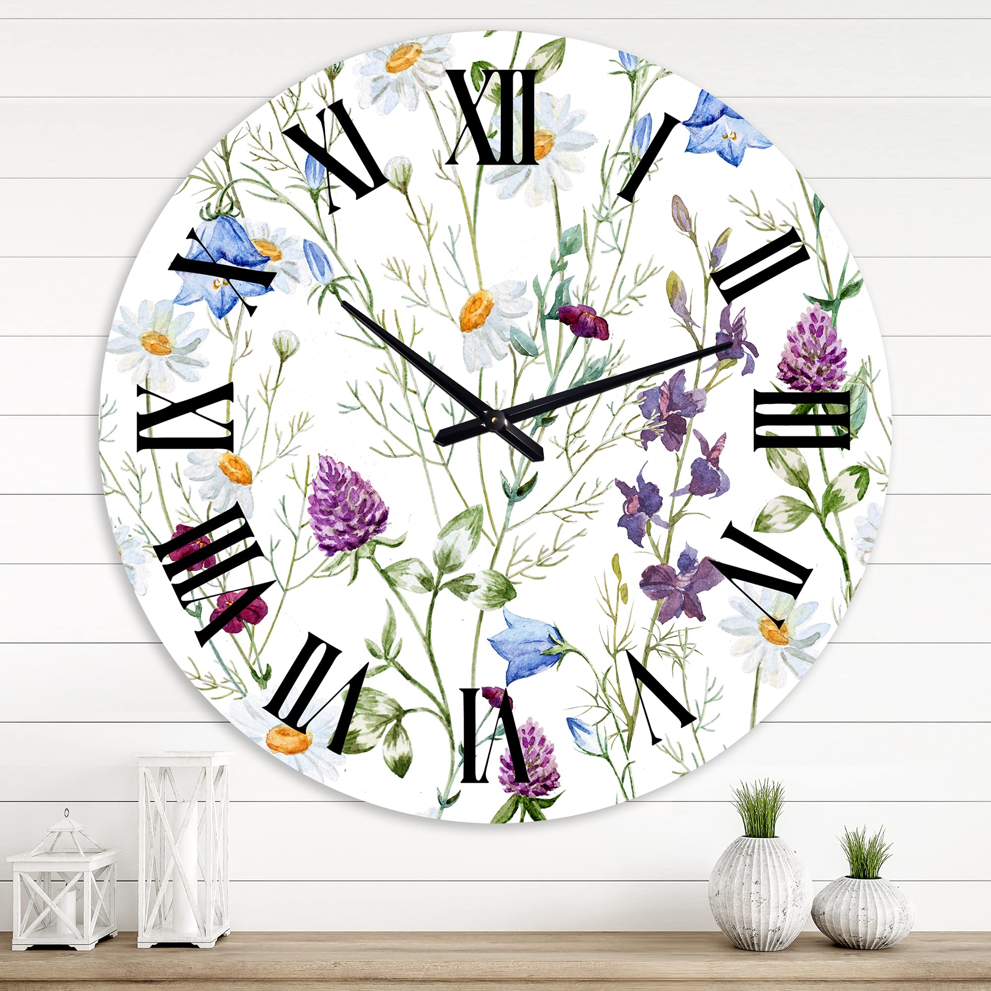 DesignQ Traditional Wildflowers Chamomile & Clover Bell Wall Clock - Large Floral Botanical Kitchen Decor for Home, Office, or Farmhouse Style
