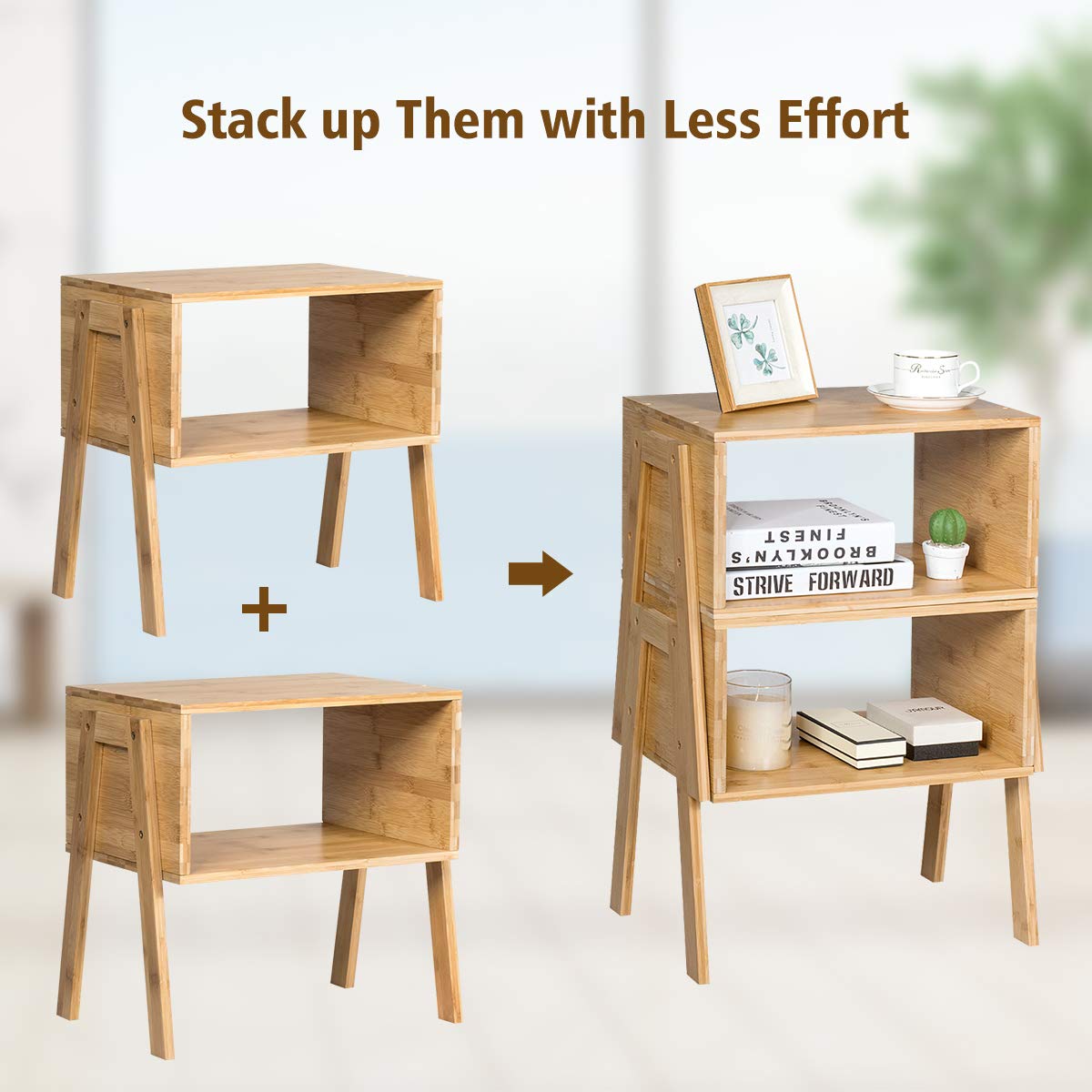 GORELAX Set of 2 Bamboo Nightstands with Open Storage Shelf - Stackable Narrow Rectangular Rustic Wood End Tables for Small Spaces - Perfect for Bedroom, Living Room, Apartment & Dorm Organization