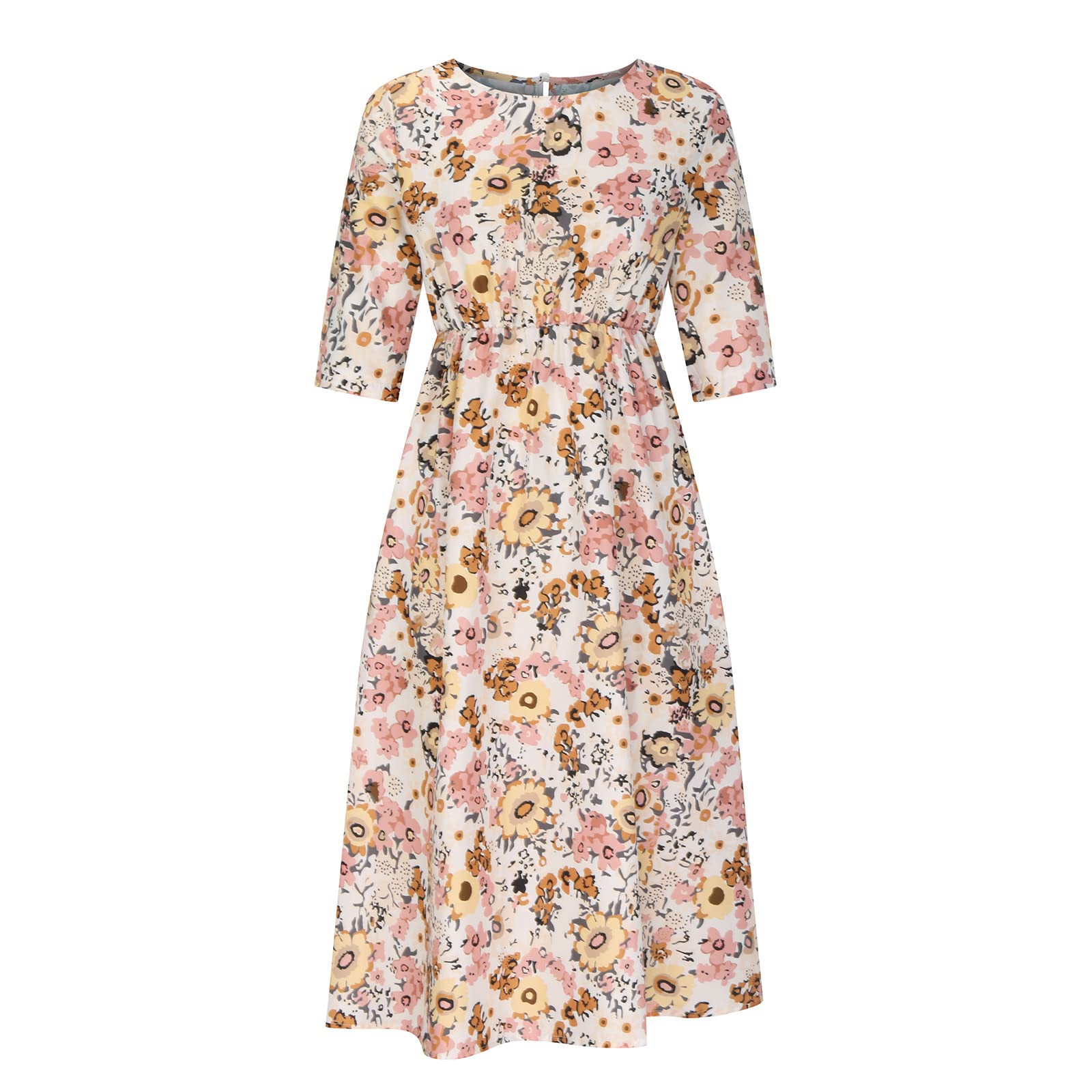 WKSCLPAI Women's 2024 Summer Floral Print Maxi Dress - Loose 3/4 Sleeve Round Neck Vacation Dress for Beach, Party & Casual Wear | Fashionable Comfort for Warm Weather