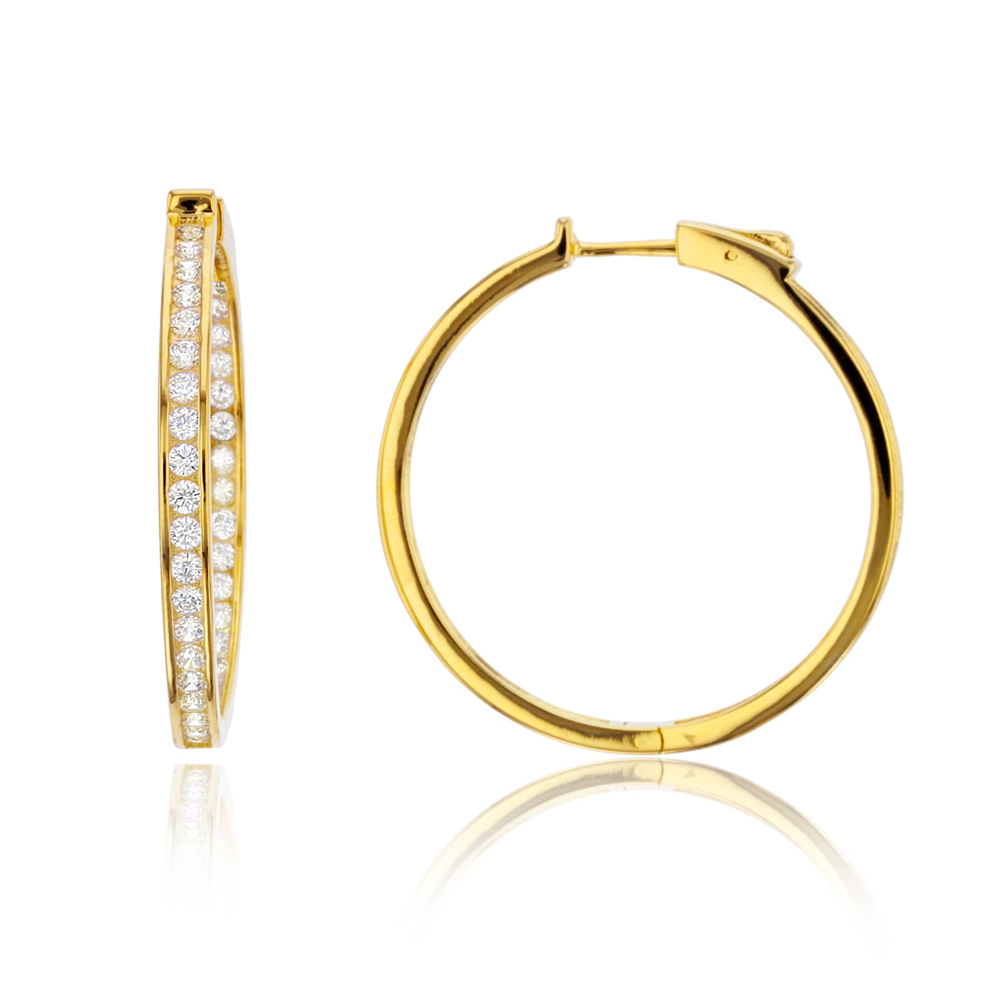 Sterling Silver 1 Micron Yellow Gold Plated Hoop Earrings with White Cubic Zirconia - 35X3mm Round Channel Set Dangle Earrings for Women | Perfect for Parties, Weddings & Everyday Wear
