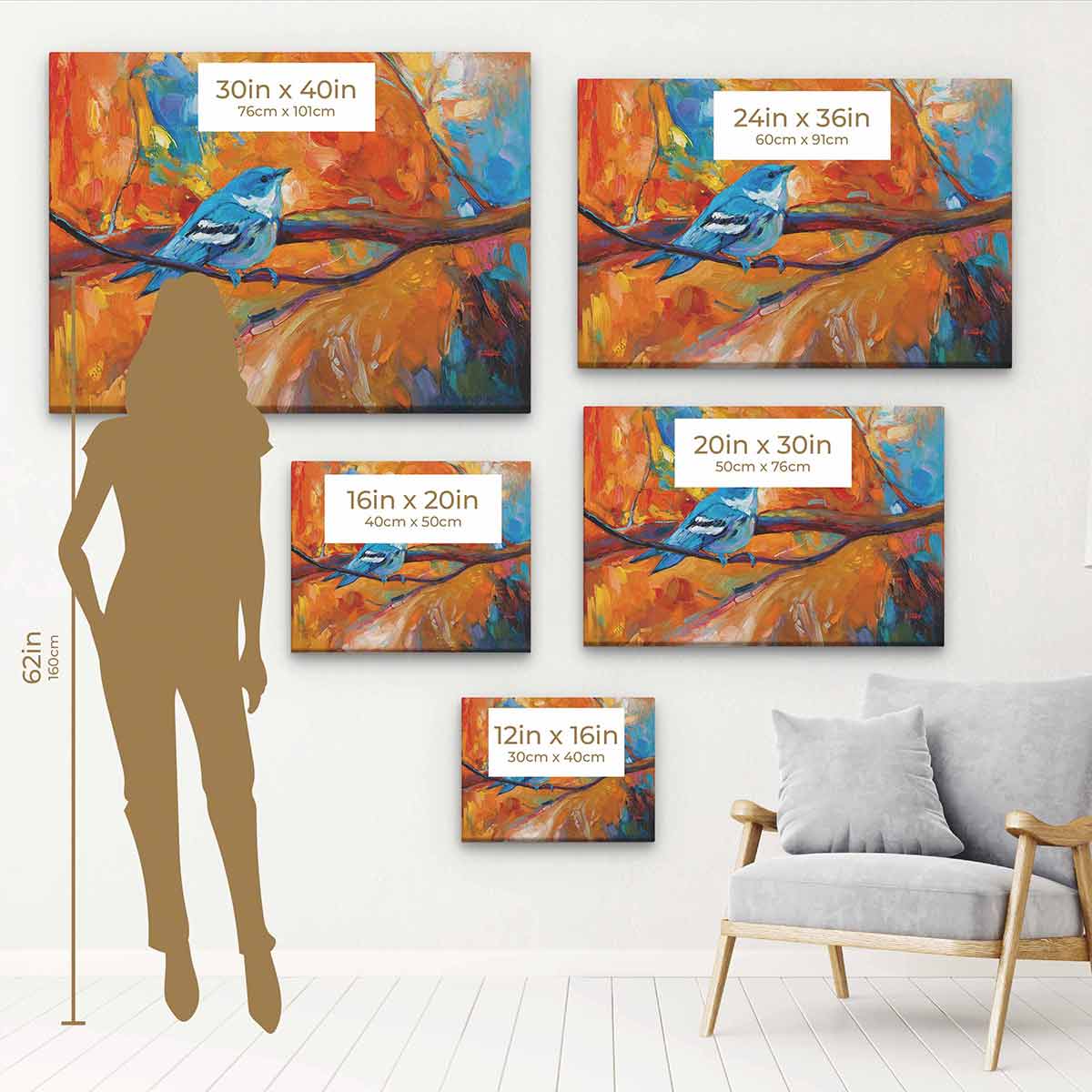 Orange Tree With Blue Bird Wall Art Canvas 0645 - Hand Painted Nature Landscape Painting - Perfect for Living Room, Bedroom & Office Decor