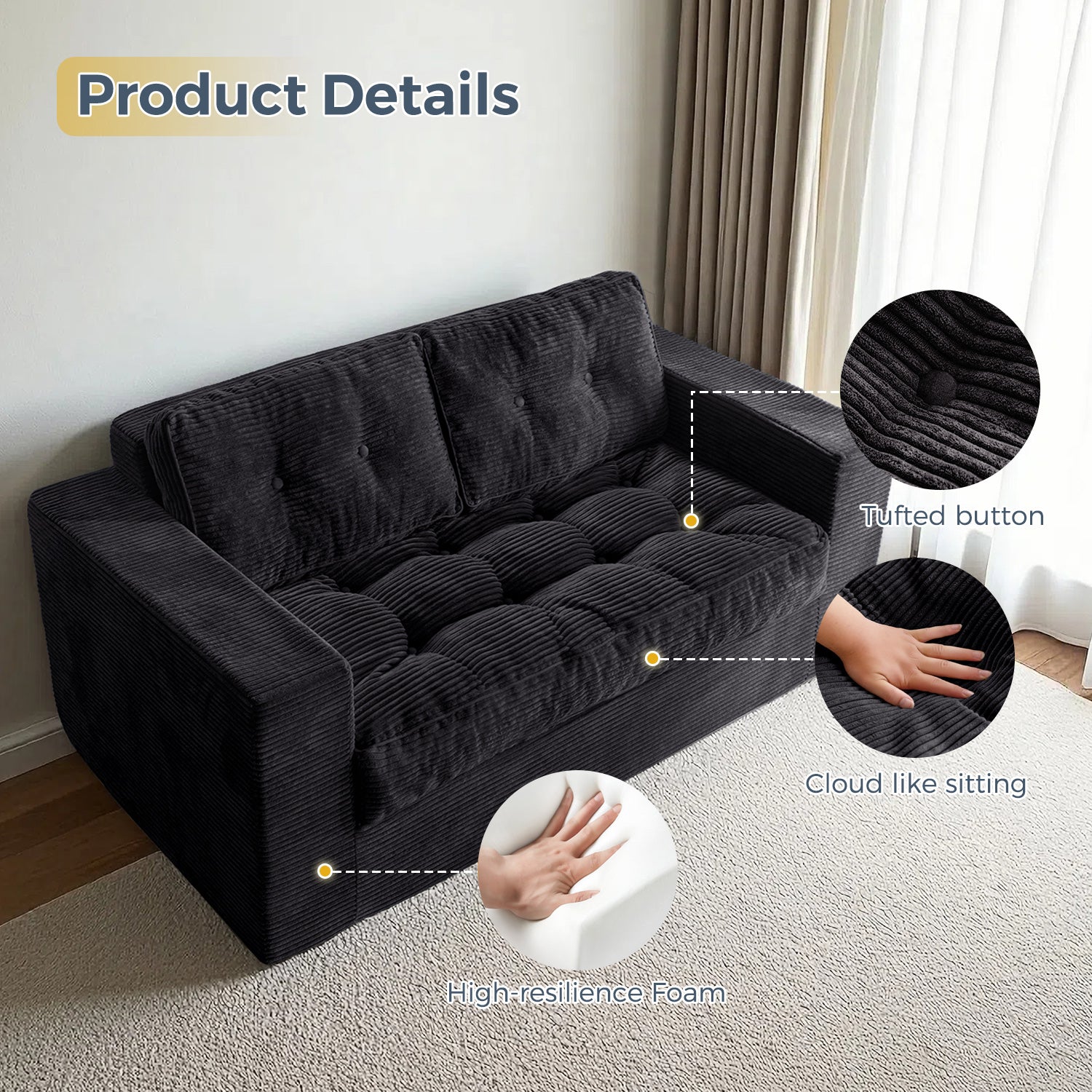 MAXYOYO Bean Bag Sofa Chair - Tufted Loveseat Boneless Couch with Removable Cushion & Backrest, Black | Comfortable Floor Seating for Living Room, Bedroom, Game Room & Dorm