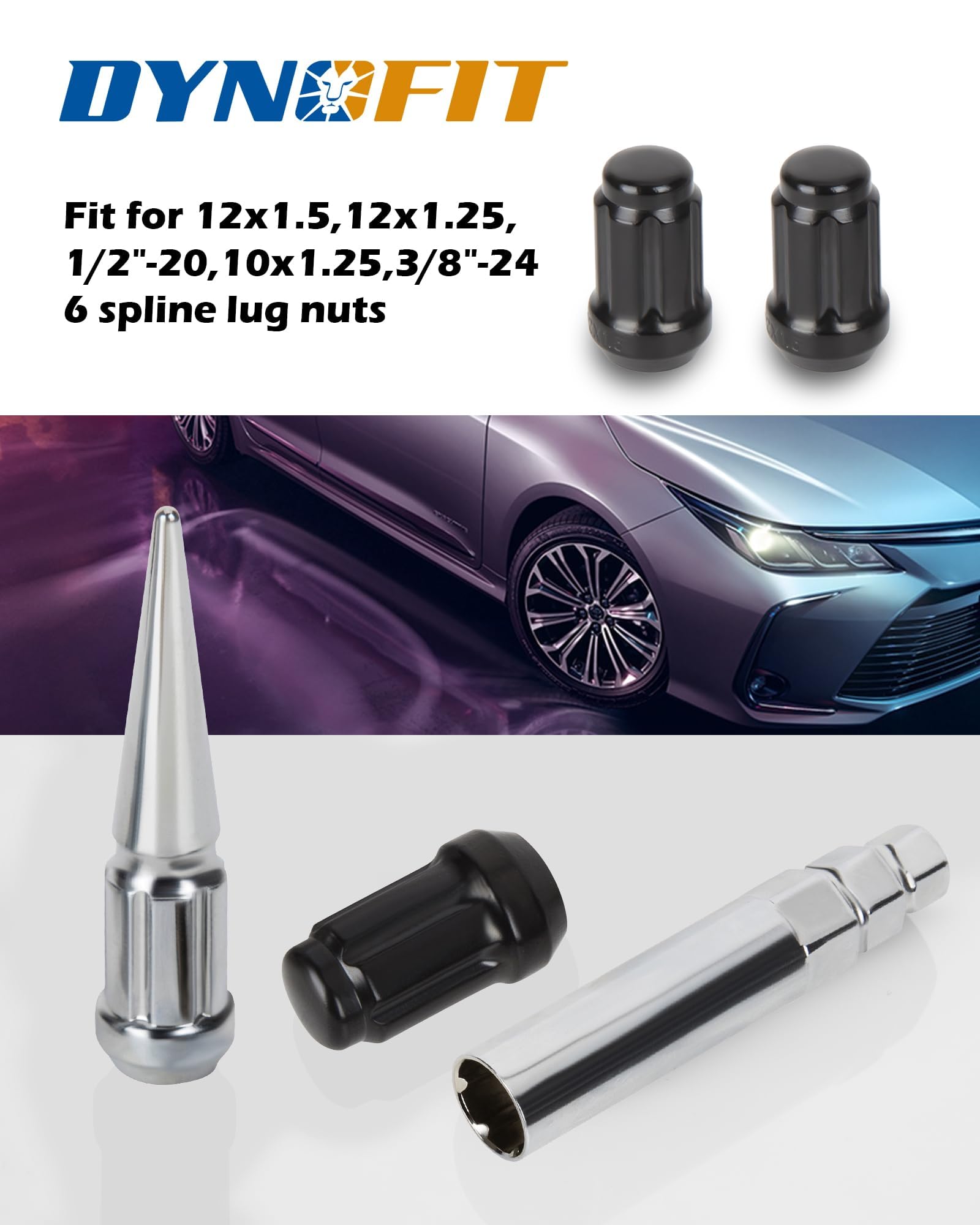Dynofit 6 Spline Lug Nuts Socket Key - Universal Chrome Spike Lug Nut Wrench Tool for 19mm, 17mm, 14mm Hex - Fits M12X1.5, 12X1.25, 1/2