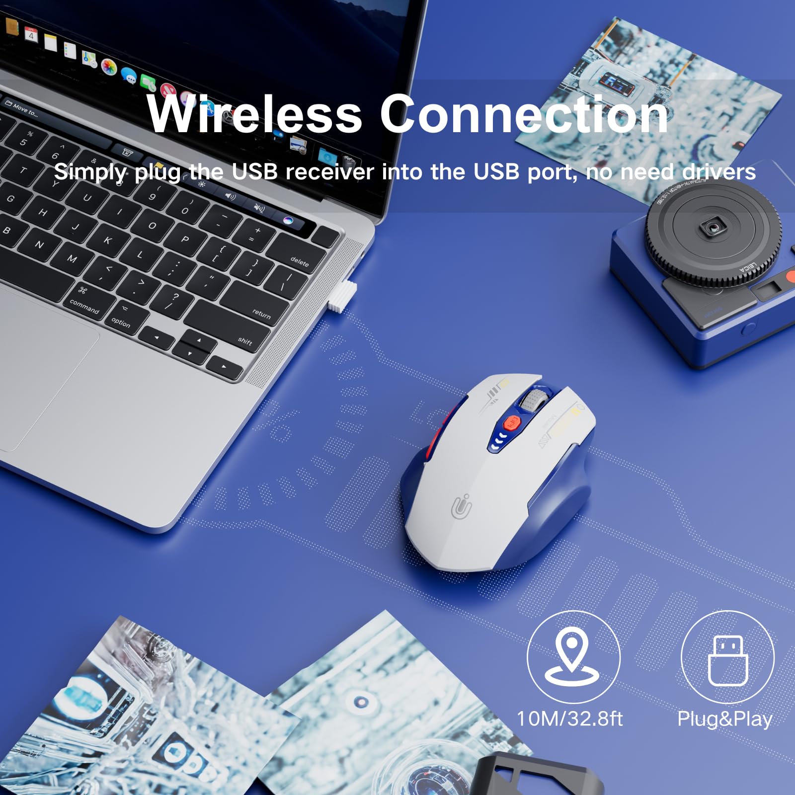 Upgraded Wireless Mouse with Visible Battery Display, Rechargeable 2.4G USB Optical Mouse, 4 Adjustable DPI Levels, Ergonomic Design for Laptop, PC, Computer - White and Blue - Perfect for Office, Home, and Gaming