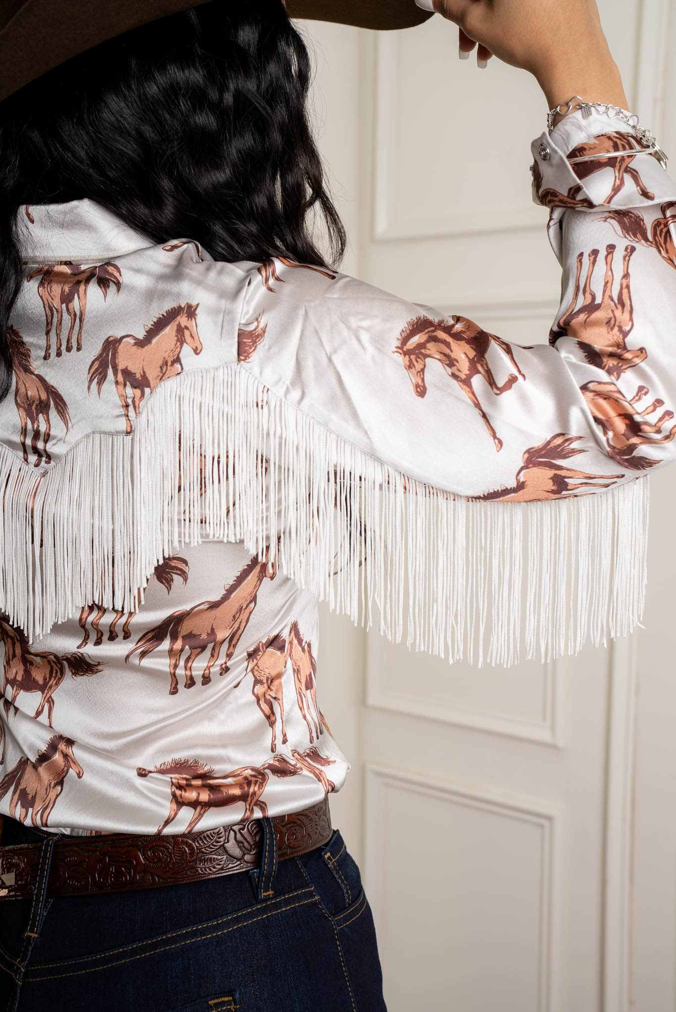 Rock & Roll Denim Jacket with Horse Print & Satin Trim - Vintage Snap Button Design (BWN2S03253 JJ) - Perfect for Concerts, Parties & Retro Fashion Outfits