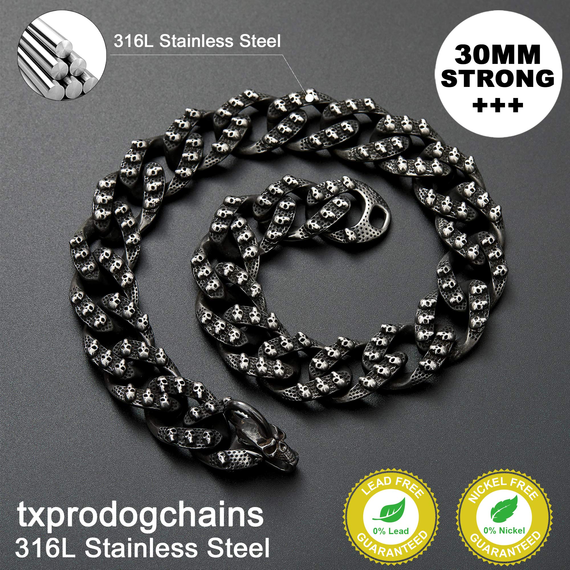 Gothic Punk Style Skull Dog Collar - 30mm Stainless Steel Biker Chain with Antique Black Finish - Heavy Duty Cuban Link Choke Collar for Large Breed Dogs (26 Inch) - Perfect for Punk Fashion, Biker Outfits & Halloween Pet Costumes