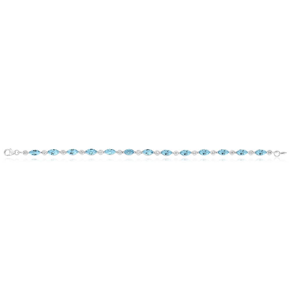 9ct White Gold Marquise Cut Sky Blue Topaz and Diamond Bracelet 19cm - Elegant Jewelry for Weddings, Parties & Special Occasions