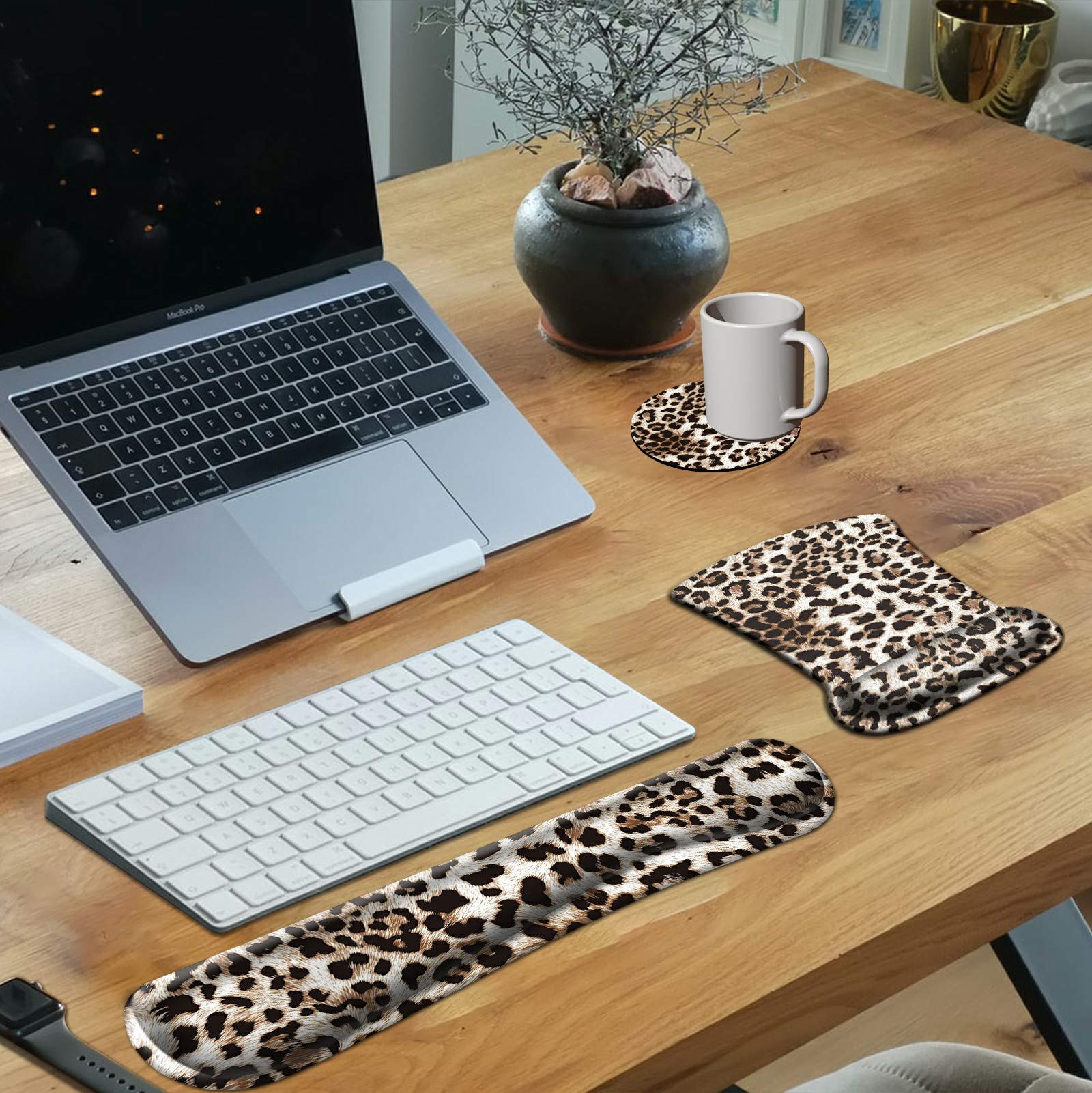 Ergonomic Keyboard Wrist Rest & Mouse Pad Set with Memory Foam - Leopard Print for Pain Relief and Comfort During Gaming, Typing, and Office Work