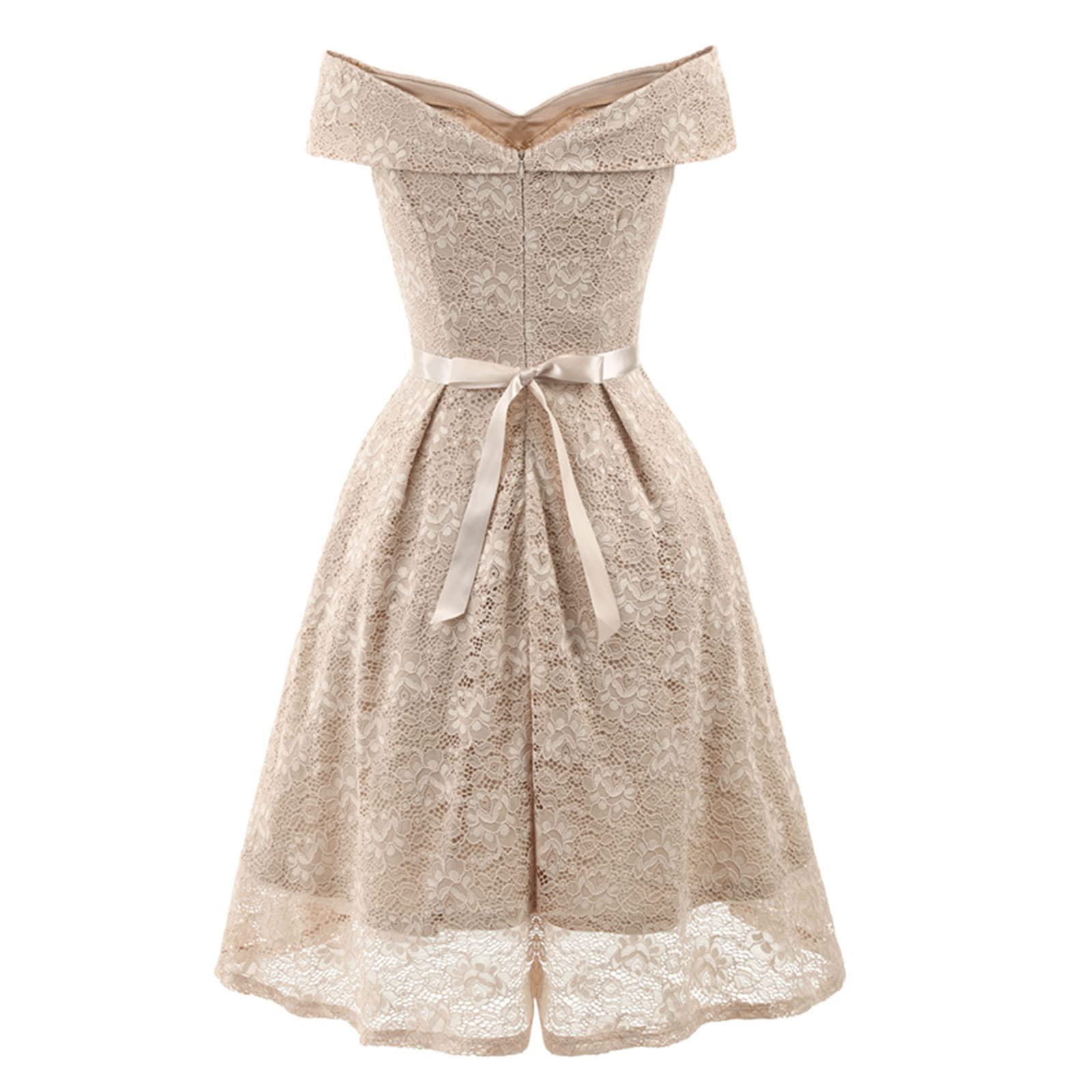 Elegant Lace Off-The-Shoulder Wedding Guest Dress for Women - Bow Waist A-Line Swing Dress with Pleated Skirt (Perfect for Bridal Showers, Cocktail Parties & Formal Events)