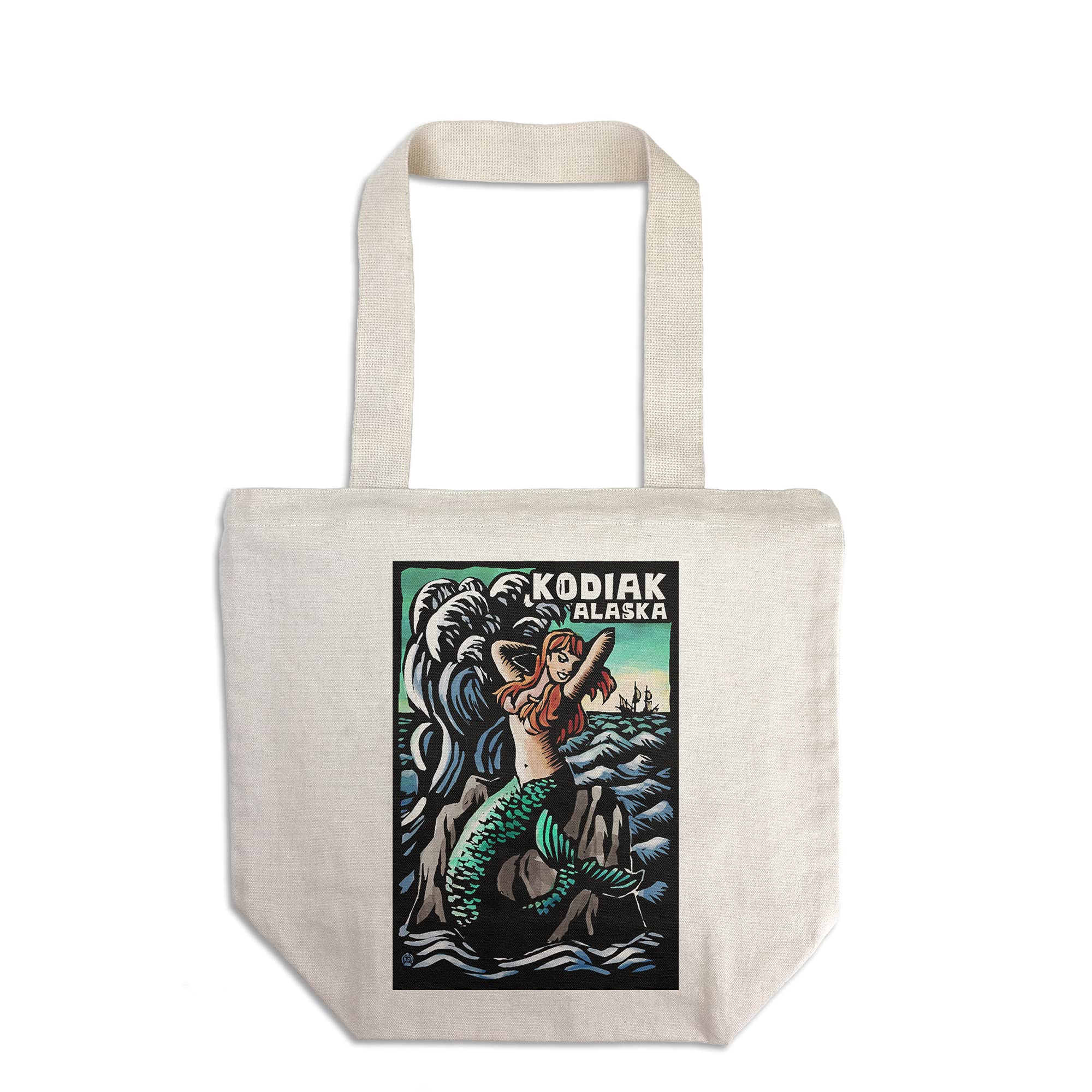 Lantern Press Kodiak Alaska Mermaid Scratchboard Tote Bag - 100% Cotton Canvas Reusable Shopping Bag for Groceries, Beach & Everyday Use