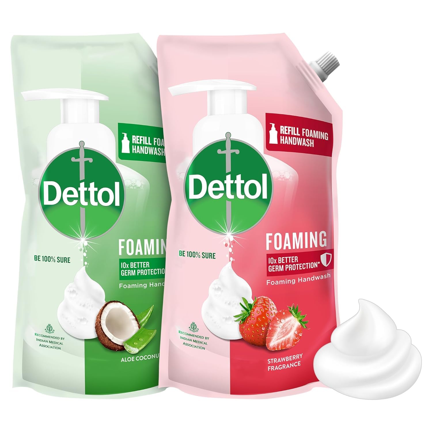 Dettol Foaming Hand Wash Refill Combo - Strawberry & Aloe Coconut (Pack of 2, 700ml Each) | Rich Lather, Moisturizing Formula, Gentle on Skin | Ideal for Home, Office & Travel Use
