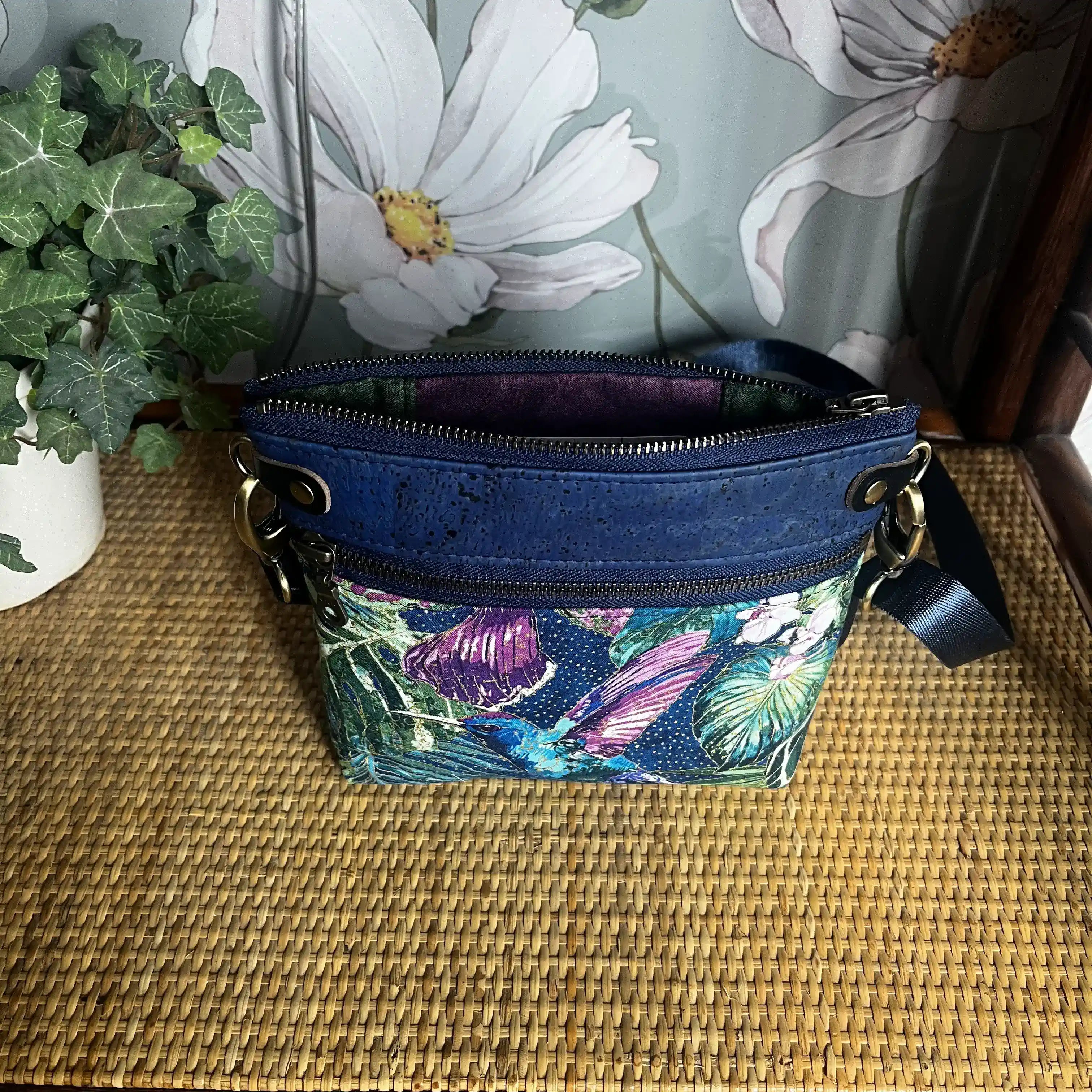 Izzy's Mom Cross Body Bag (Medium) - Cork Blue Hummingbird Print & Brushed Antique Leather | Stylish Women's Shoulder Purse for Daily Use, Travel & Shopping