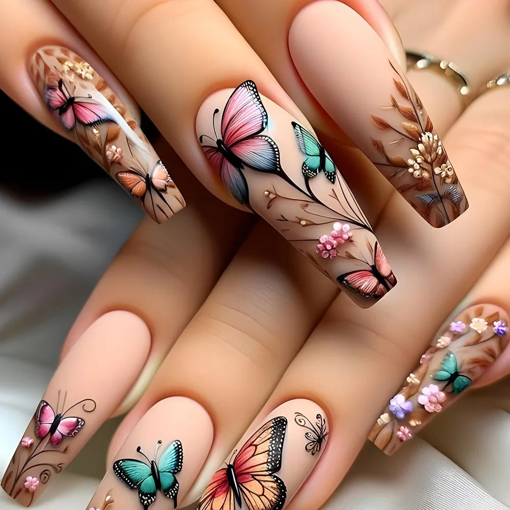 24Pcs Colorful Butterfly Press On Nails - Medium Length Square Acrylic Fake Nails for Women, Ballet Style Fashion Nail Tips | Perfect for Parties, Weddings, Date Nights & Special Occasions