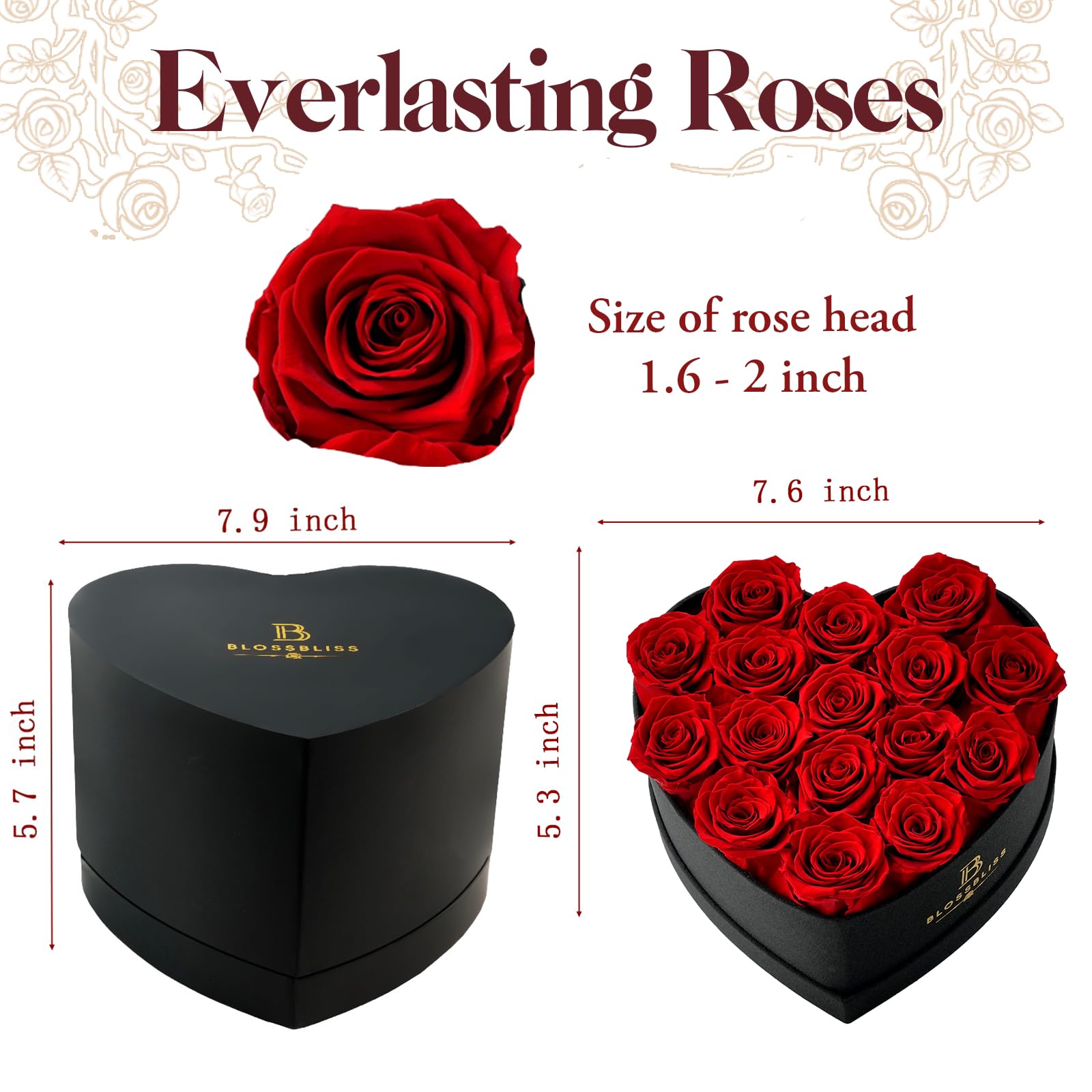 BLOSSBLISS 16-Piece Preserved Red Roses in Heart-Shaped Box - Eternal Love Gift for Wife, Anniversary, Valentine's Day & Mother's Day - Long-Lasting Luxury Floral Arrangement for Romantic Surprises & Home Decor