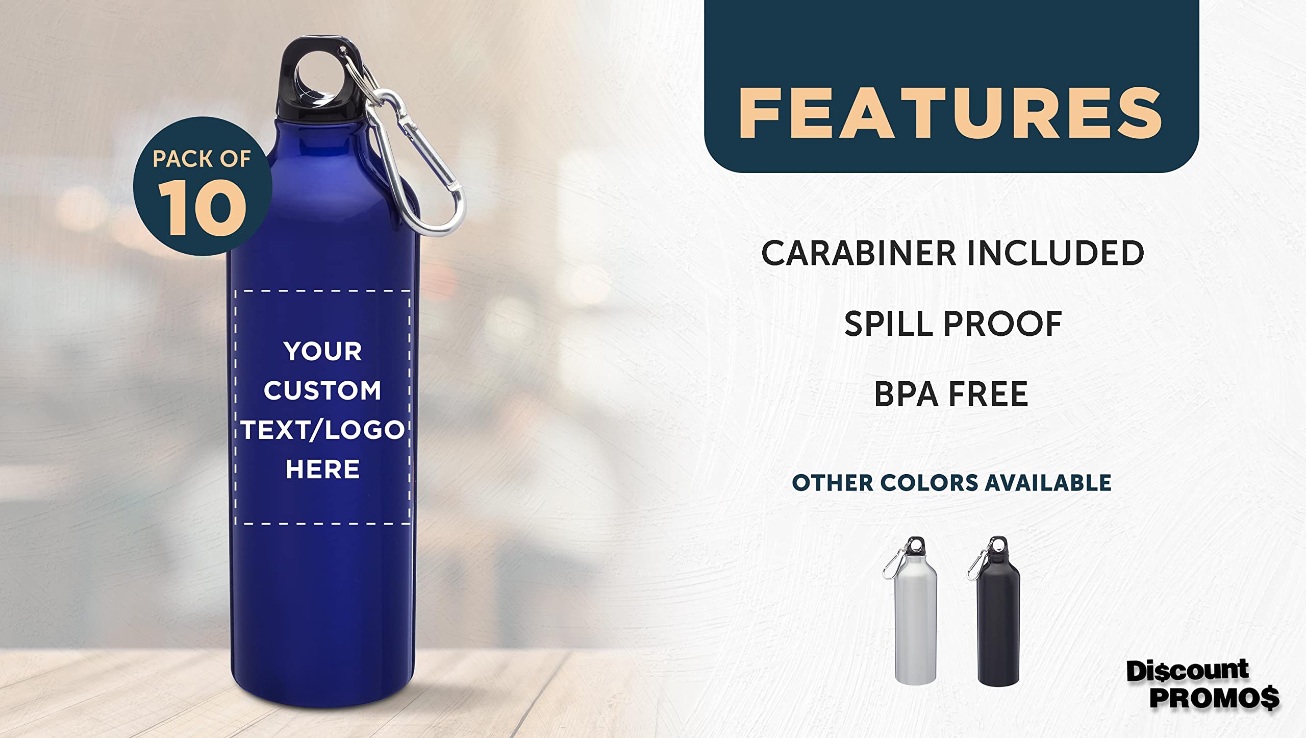 Custom 24 oz Aluminum Water Bottles with Carabiner - Bulk Pack of 10 Personalized Sport Bottles - Leakproof & Durable for Gym, Hiking, Camping, Running, Cycling - Perfect Gift for Outdoor Enthusiasts - Met Blue