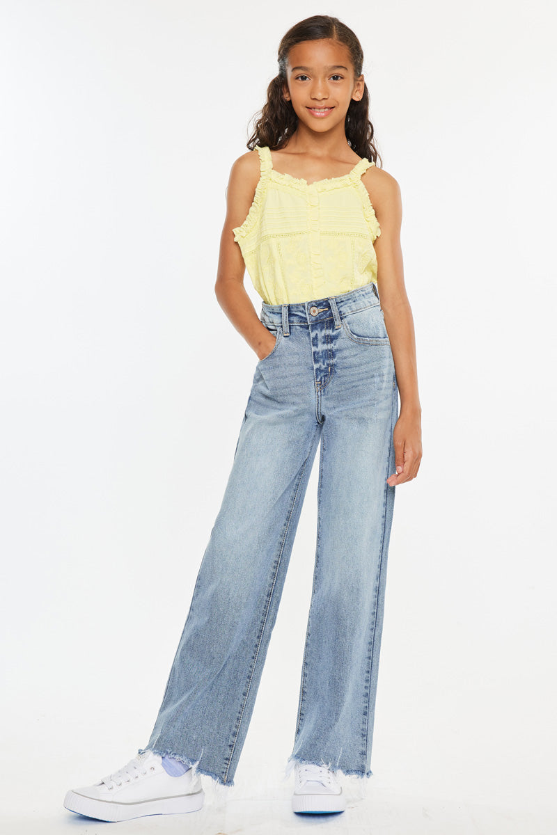 Bee High Rise Slim Wide Leg Jeans for Kids - Trendy & Comfortable Stretch Denim Pants for School, Play & Everyday Wear